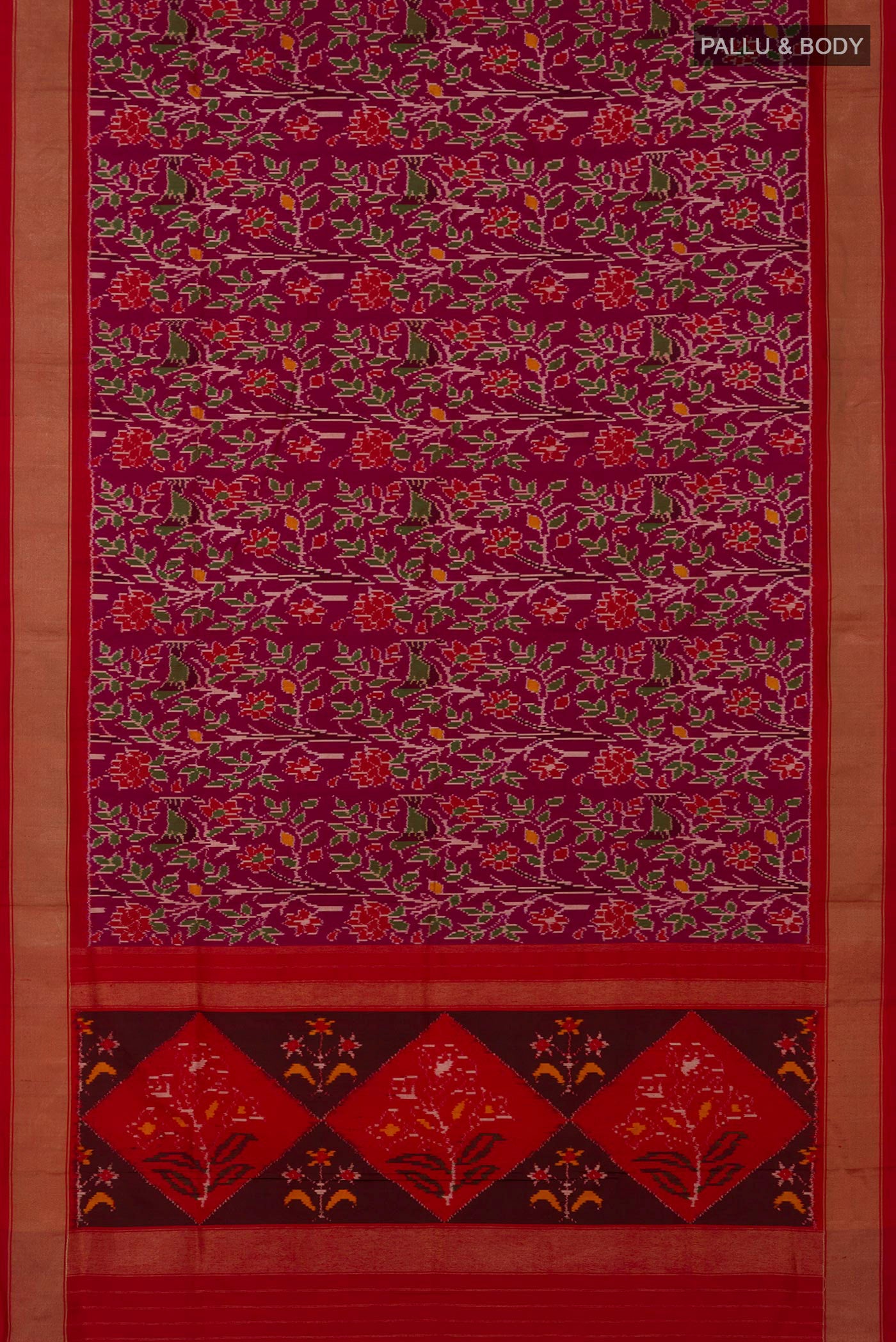 Flat view of Magenta Pochampally Saree with Ikat design on the body and Zari Border. 
