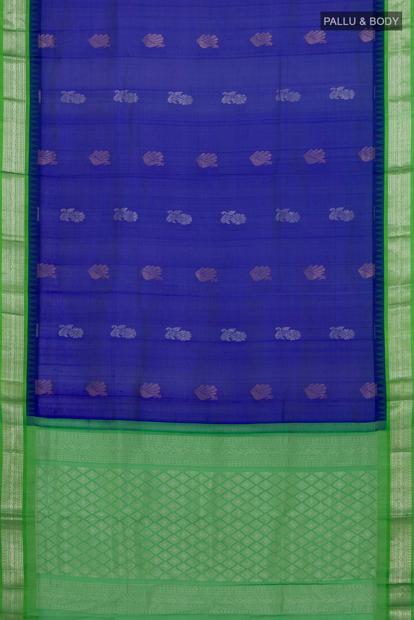 Flat view of Blue Silk Cotton Saree with Zari Butta on the body and Zari Border. 
