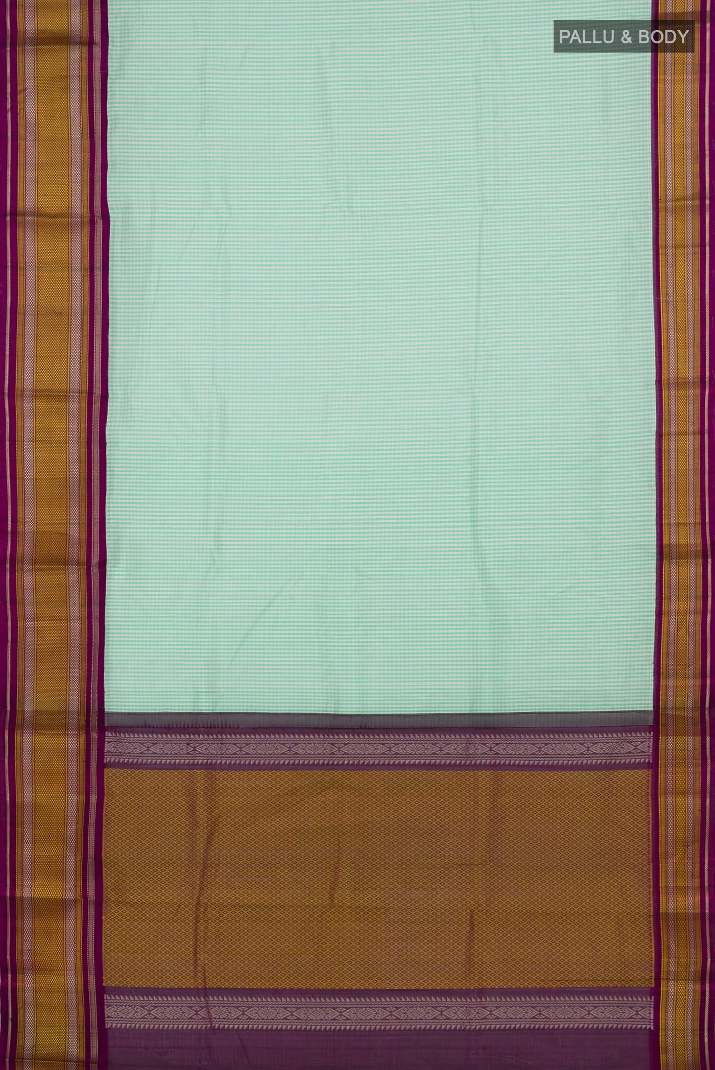 Flat view of Green Silk Cotton Saree with Checked design on the body and Thread Border. 