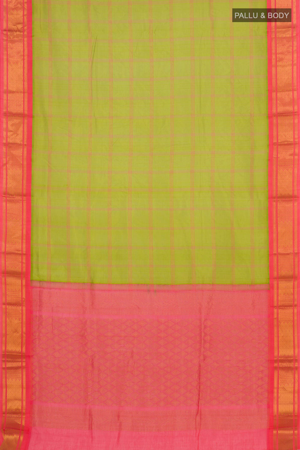 Flat view of Green Silk Cotton Saree with Checked design on the body and Zari Border. 