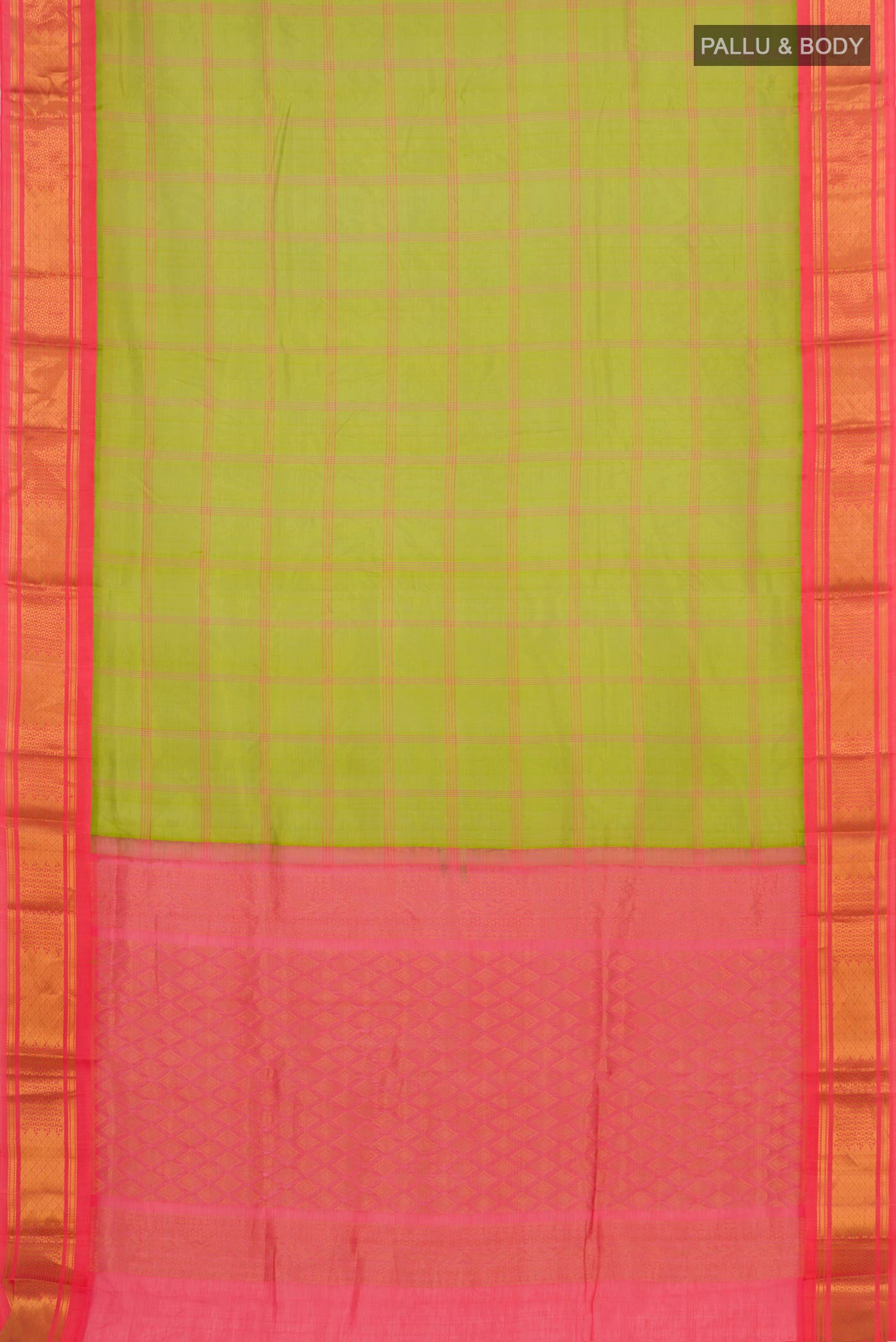 Flat view of Green Silk Cotton Saree with Checked design on the body and Zari Border. 