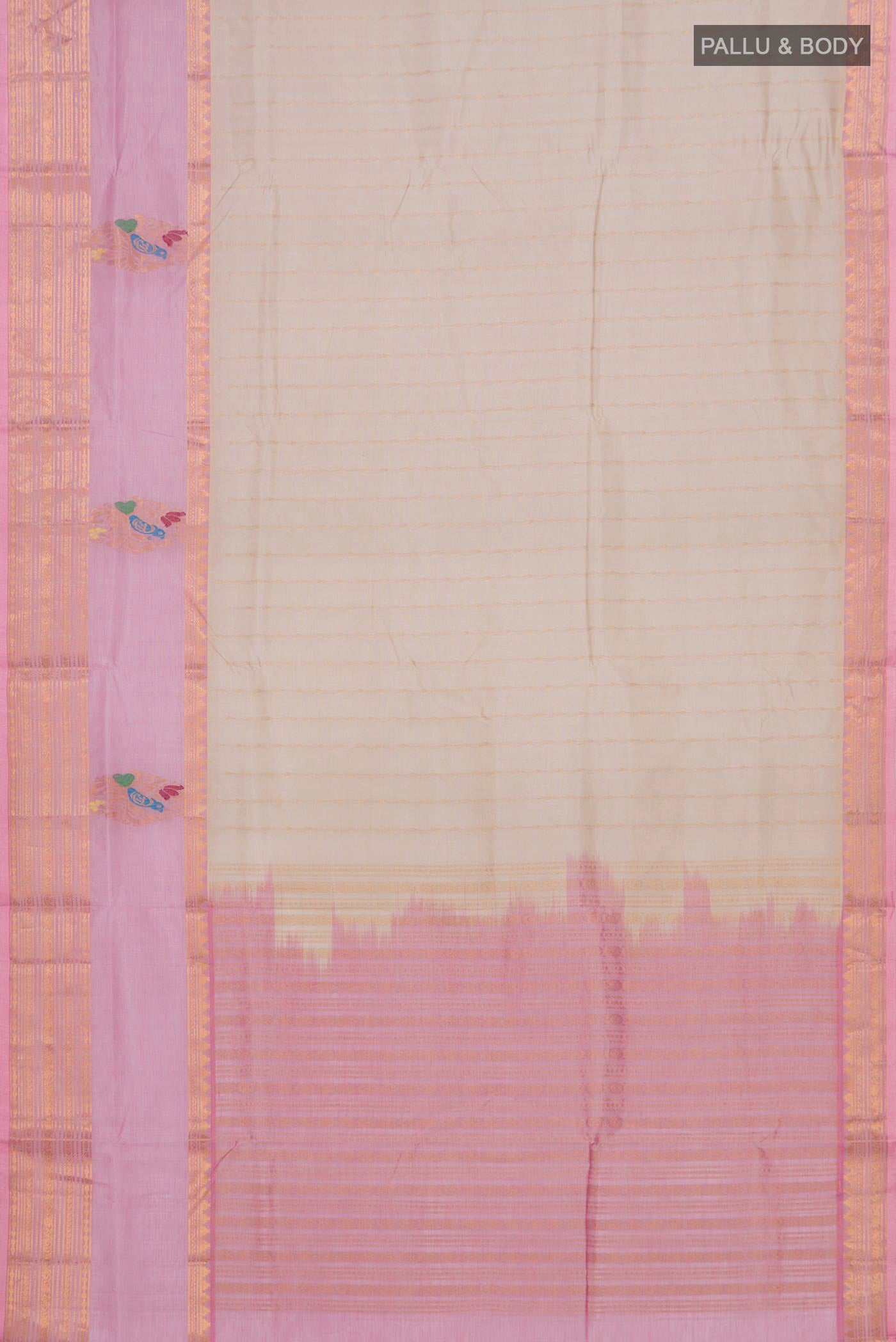 Flat view of Cream Silk Cotton Saree with Stripes on the body and Zari Border. 