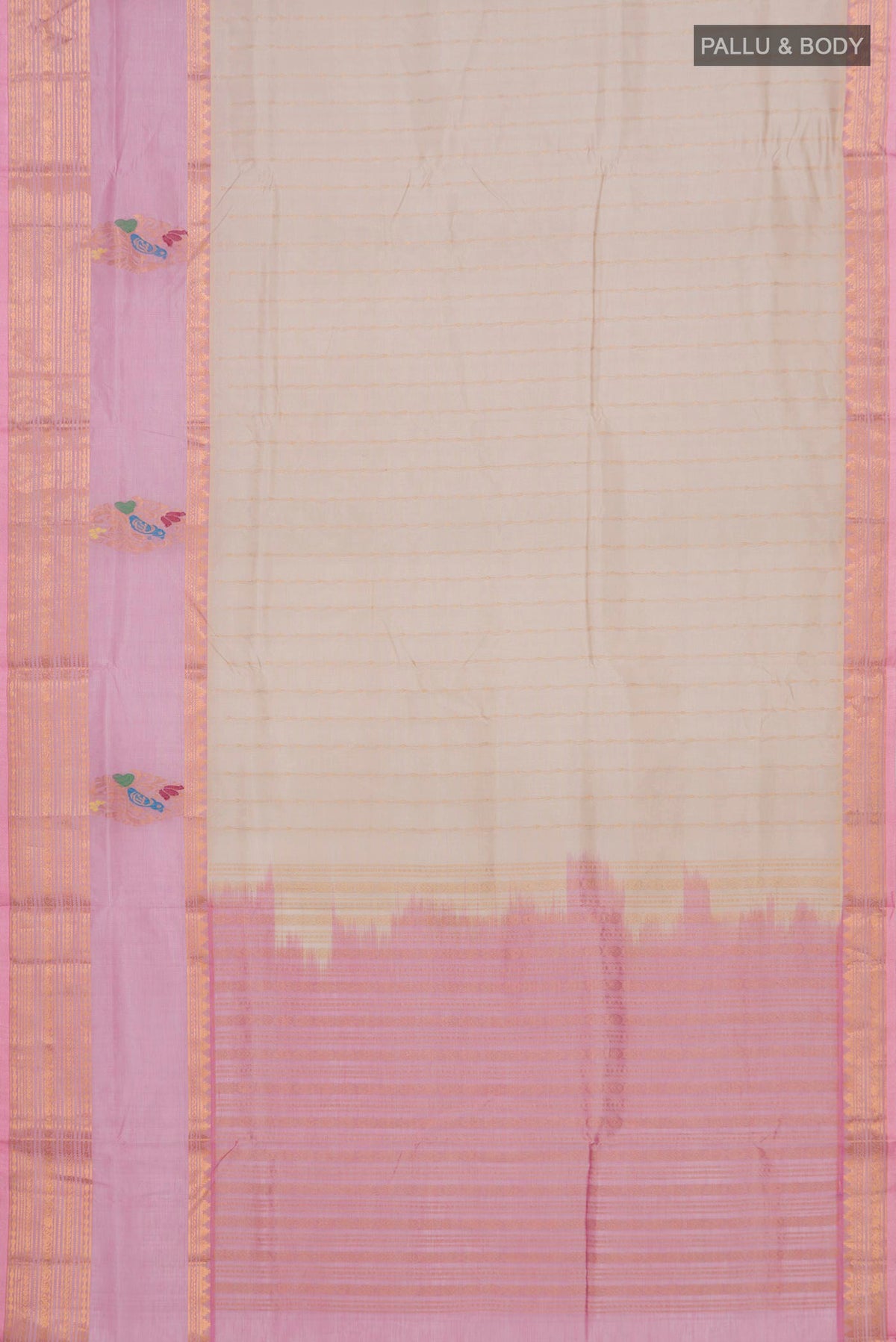 Flat view of Cream Silk Cotton Saree with Stripes on the body and Zari Border. 