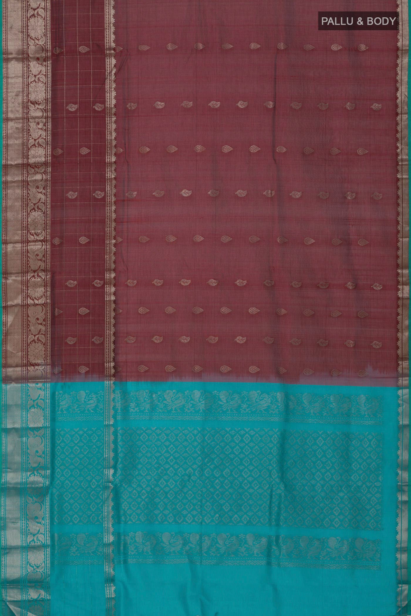 Flat view of Maroon Silk Cotton Saree with Zari Butta on the body and Zari Border. 