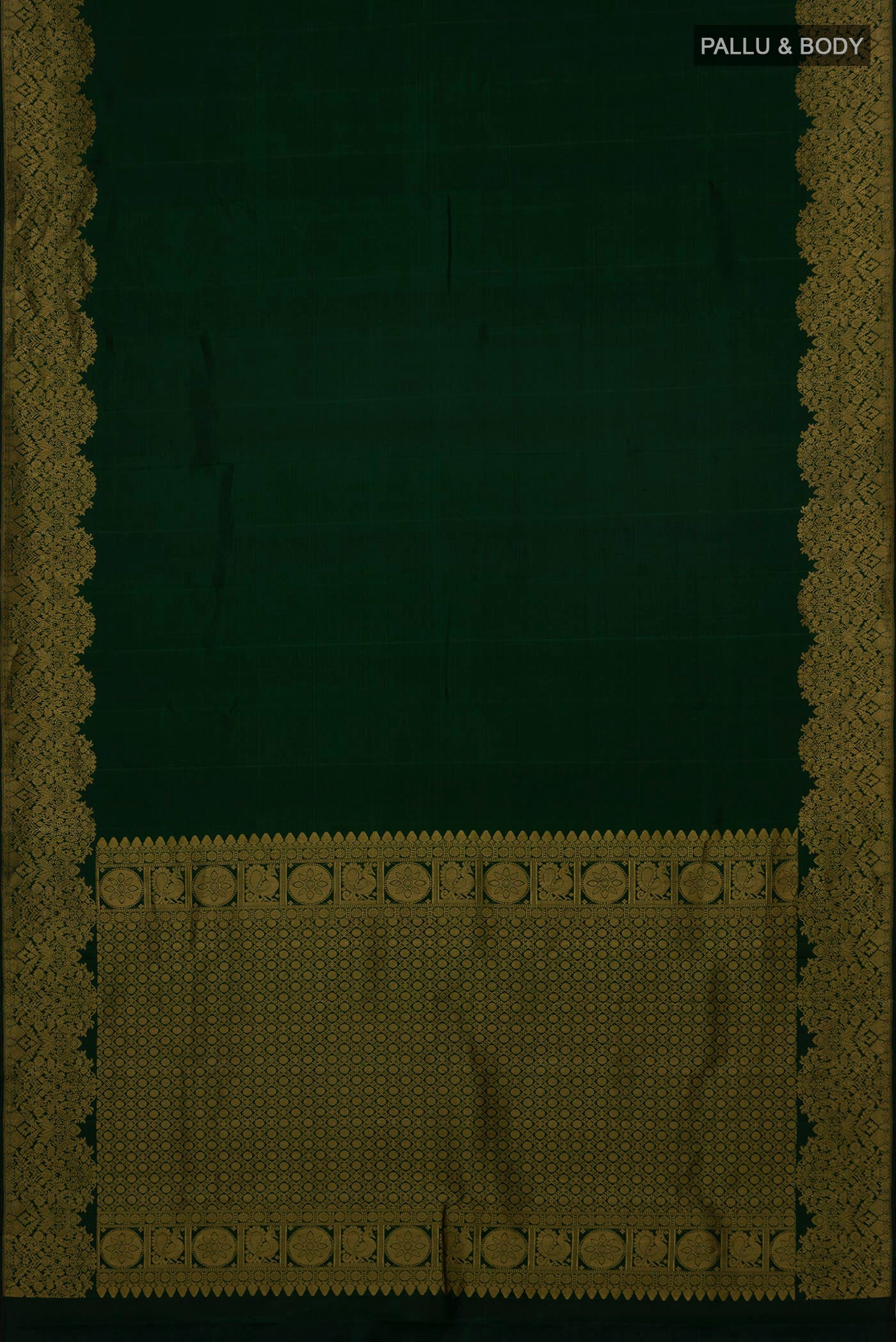 Flat view of Green Kanchipuram Silk Saree with Plain Body and Zari Border. 