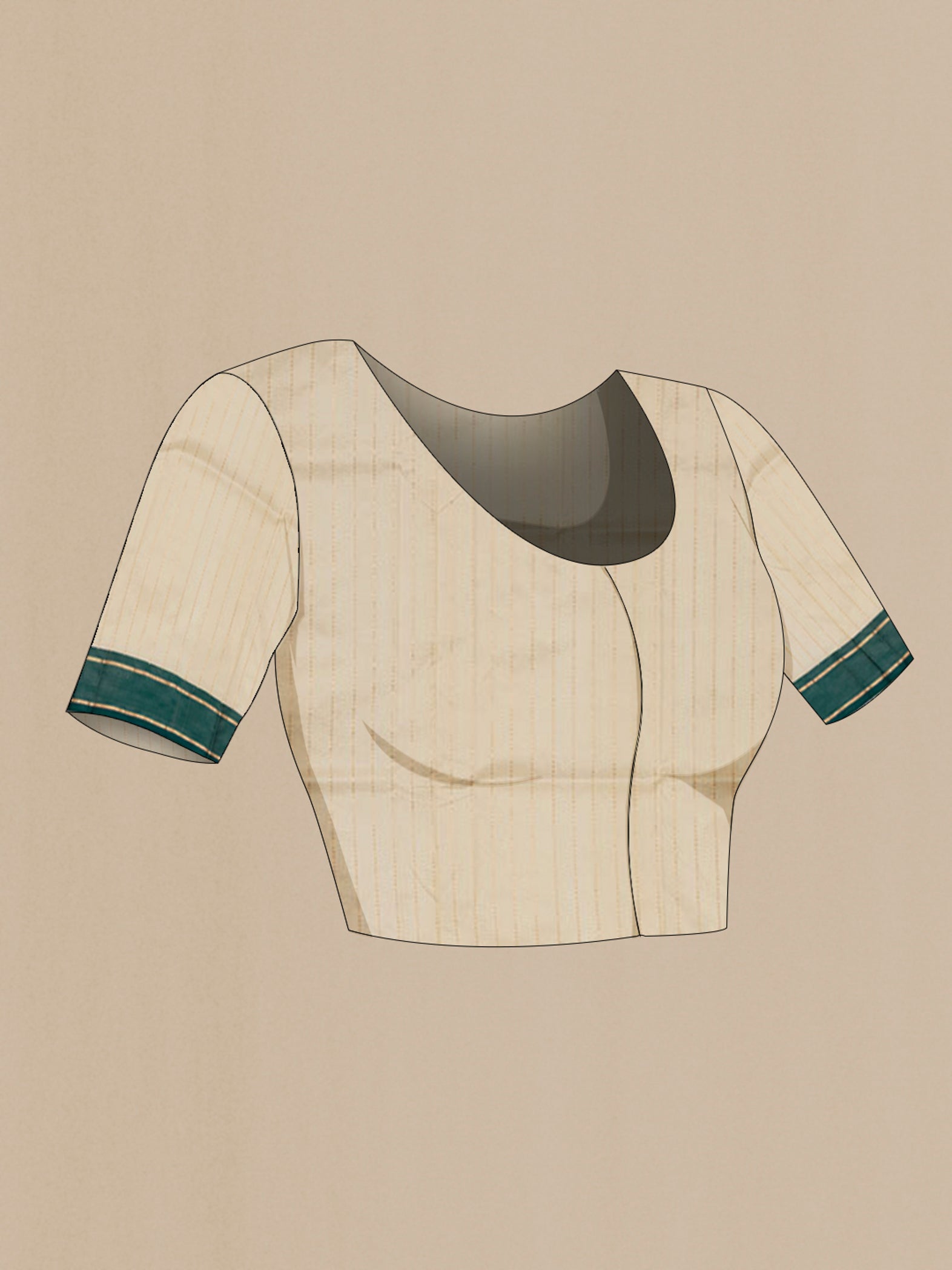 Close up image of the blouse of Cream Banarasi Katan Silk Saree with Zari Butta on the body and Thin Zari Line. 
