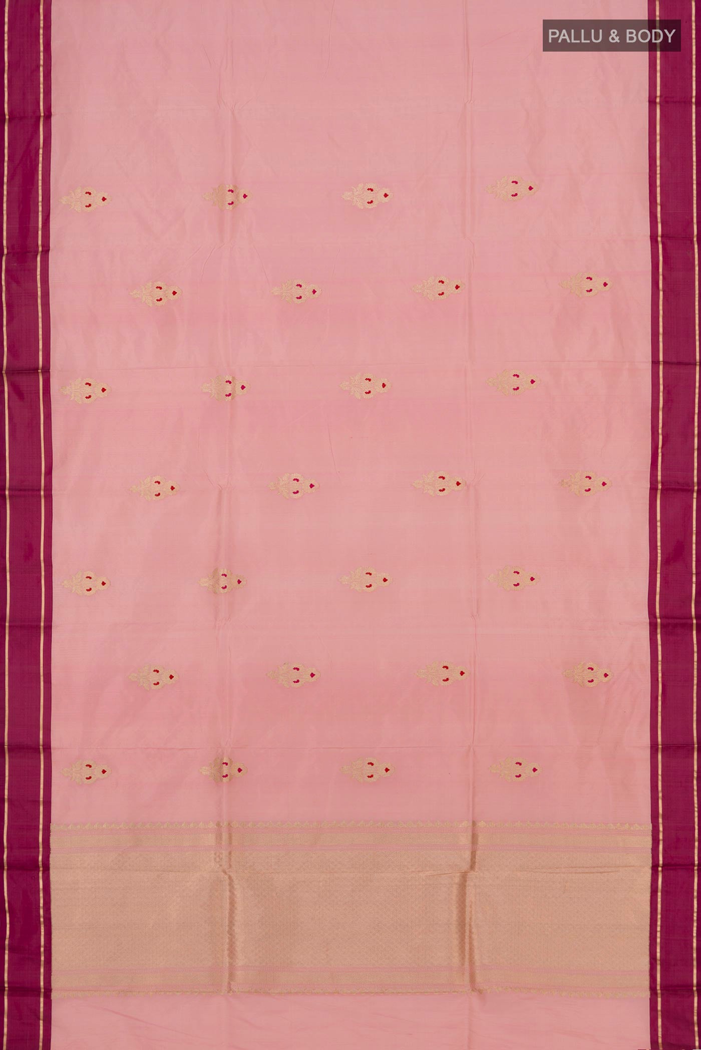 Flat view of Pink Banarasi Katan Silk Saree with Zari Butta on the body and Plain Border. 