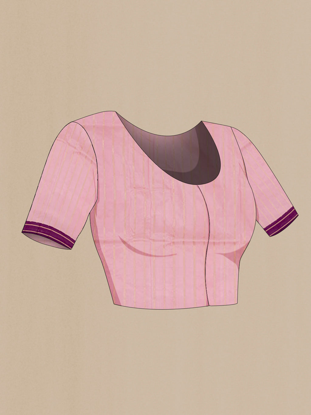 Close up image of the blouse of Pink Banarasi Katan Silk Saree with Zari Butta on the body and Zari Border. 