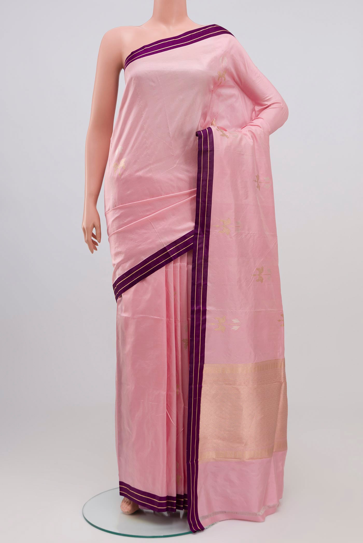 Pink Banarasi Katan Silk Saree with Zari Butta on the body and Zari Border.  displayed on a mannequin
