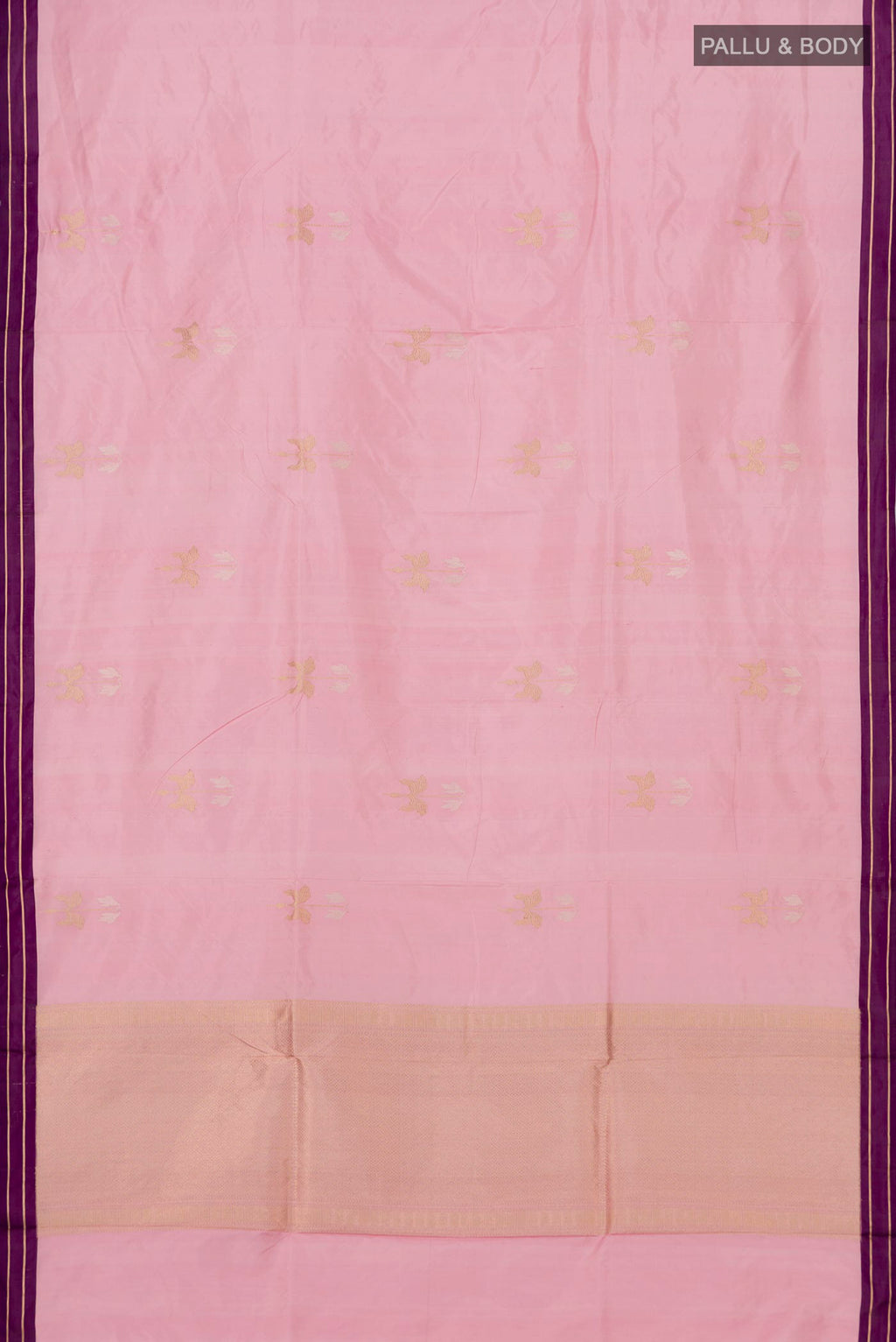 Flat view of Pink Banarasi Katan Silk Saree with Zari Butta on the body and Zari Border. 