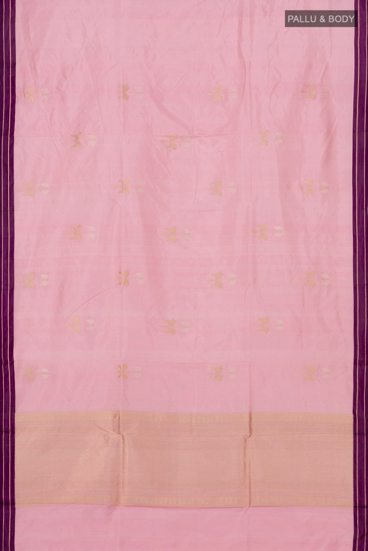 Flat view of Pink Banarasi Katan Silk Saree with Zari Butta on the body and Zari Border. 