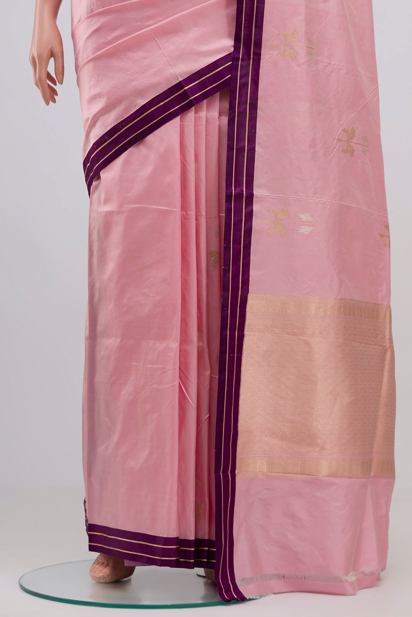 Pleats and pallu of Pink Banarasi Katan Silk Saree with Zari Butta on the body and Zari Border. 