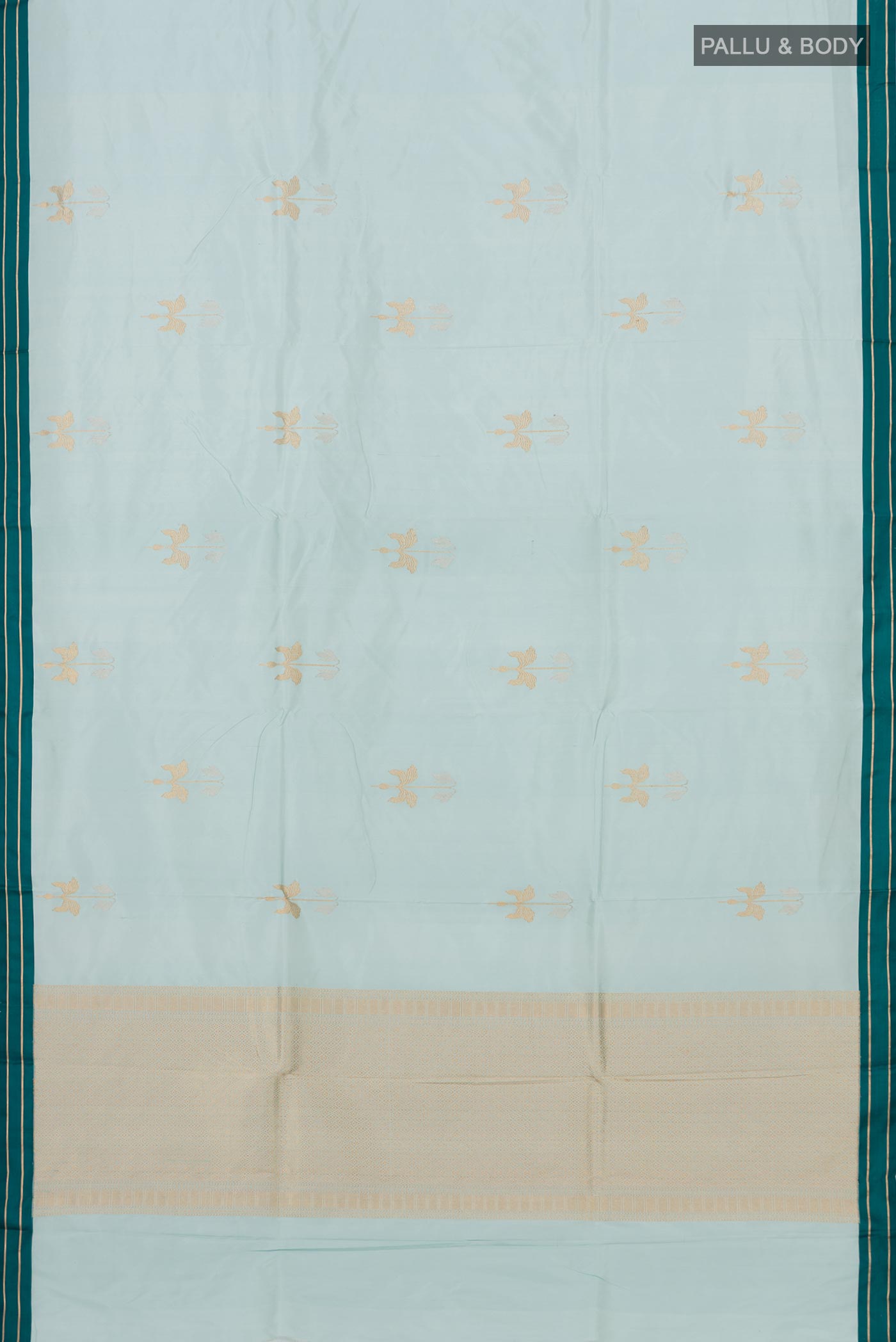Flat view of Blue Banarasi Katan Silk Saree with Zari Butta on the body and Thin Zari Line. 