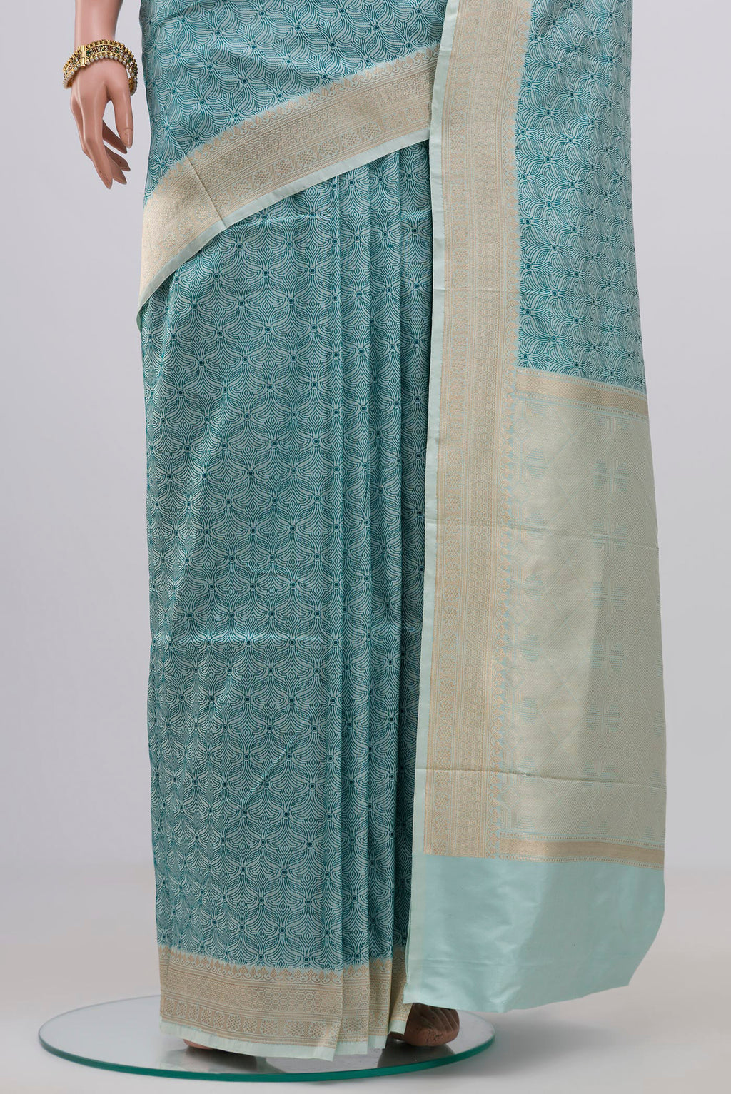 Pleats and pallu of Light Blue Banarasi Katan Silk Saree with Jacquard design on the body and Zari Border. 