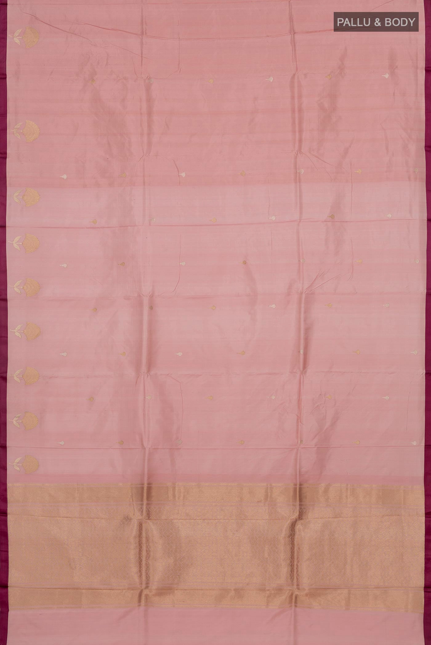 Flat view of Pink Banarasi Katan Silk Saree with Zari Butta on the body and Plain Border. 