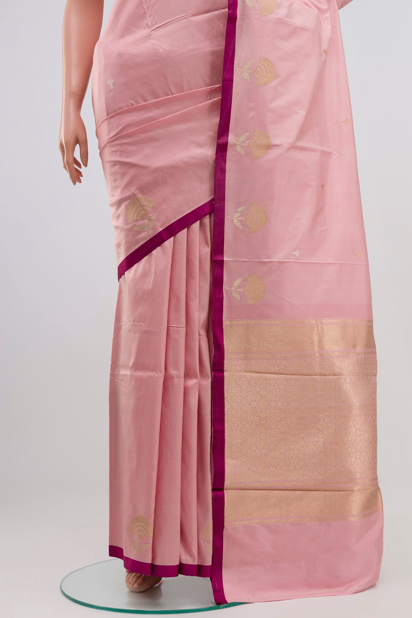 Pleats and pallu of Pink Banarasi Katan Silk Saree with Zari Butta on the body and Plain Border. 