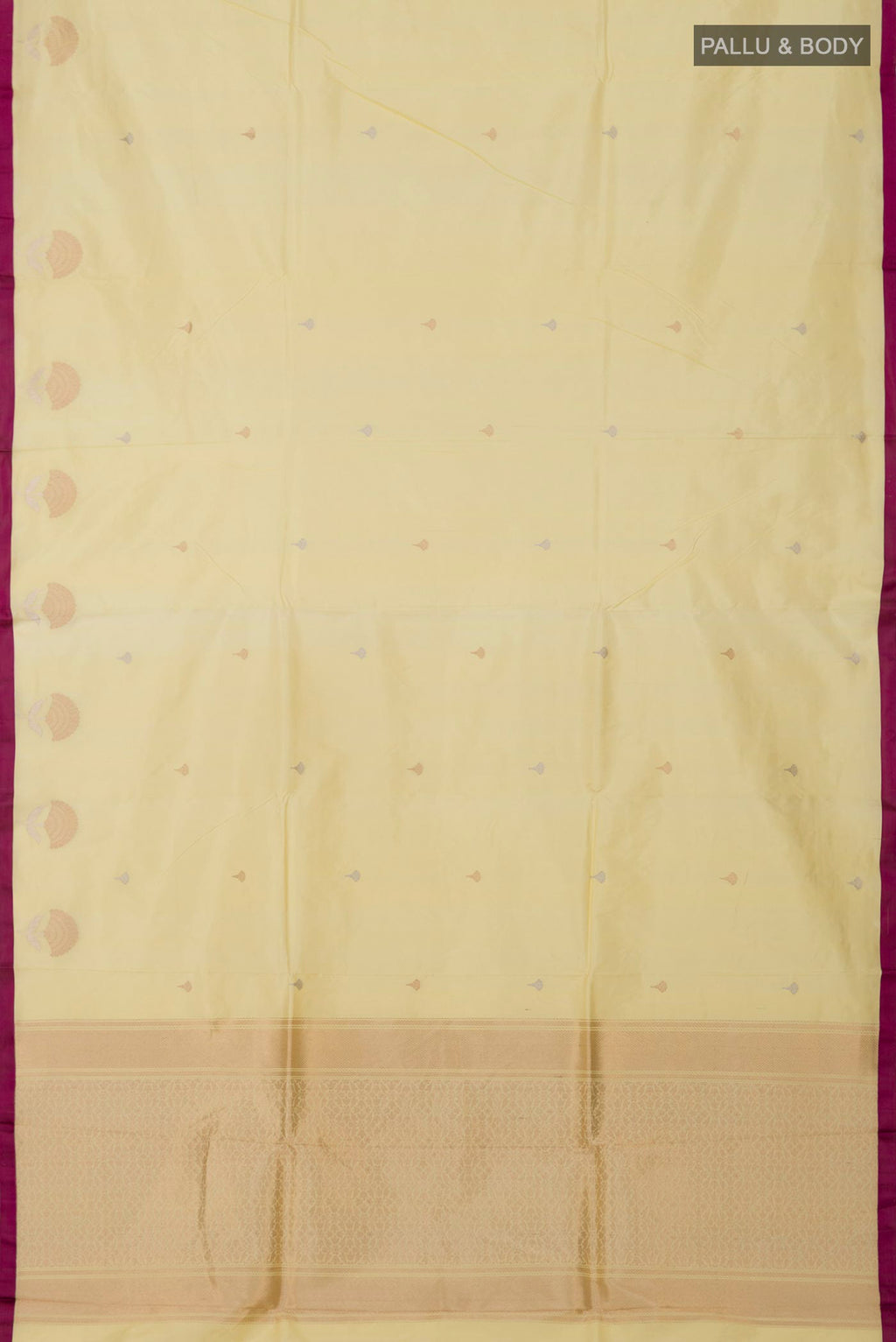 Flat view of Yellow Banarasi Katan Silk Saree with Zari Butta on the body and Plain Border. 