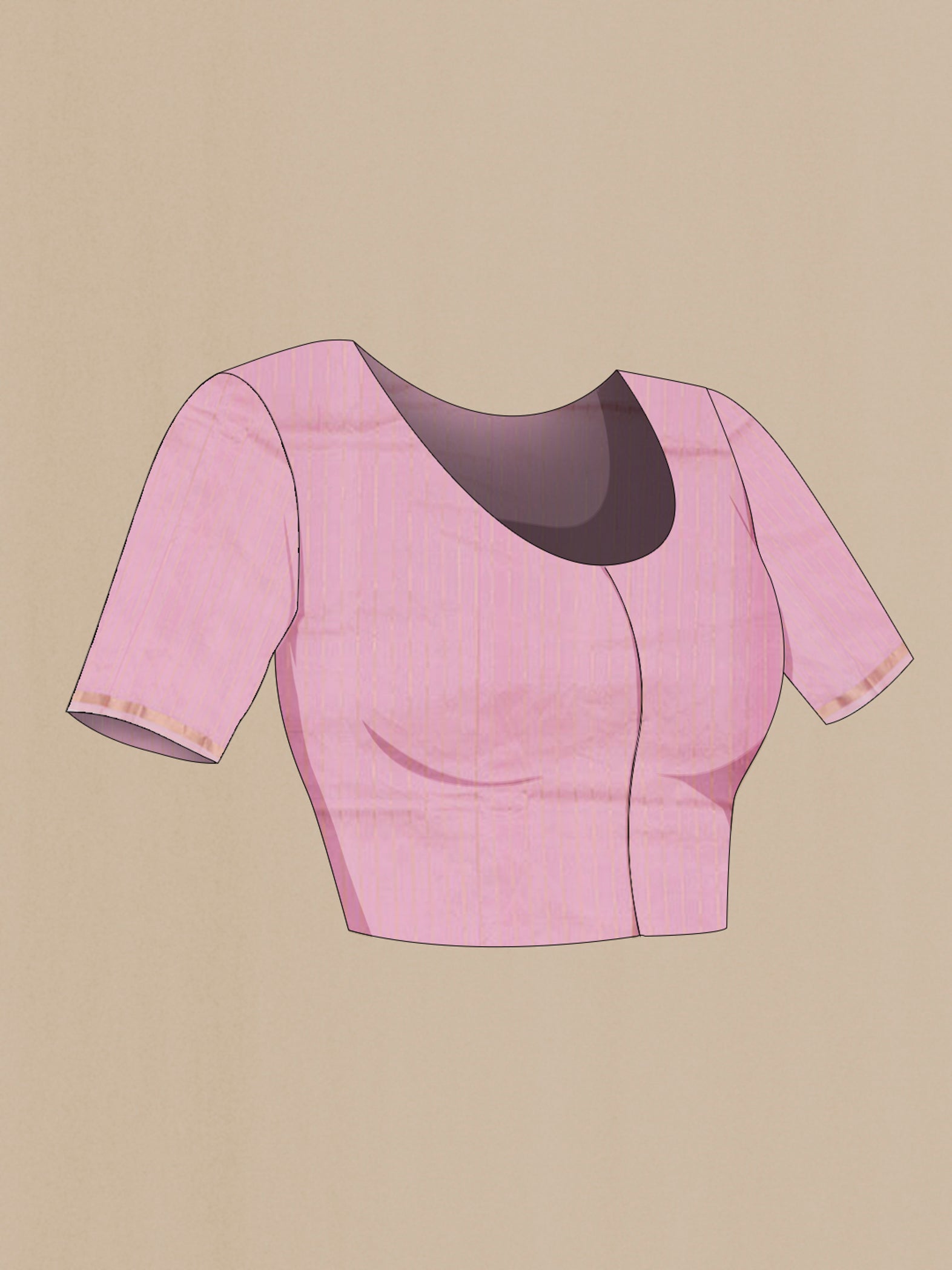Close up image of the blouse of Rose pink Banarasi Katan Silk Saree with Zari Butta on the body and Zari Border. 