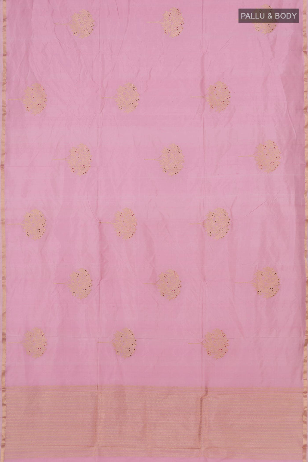 Flat view of Rose pink Banarasi Katan Silk Saree with Zari Butta on the body and Zari Border. 