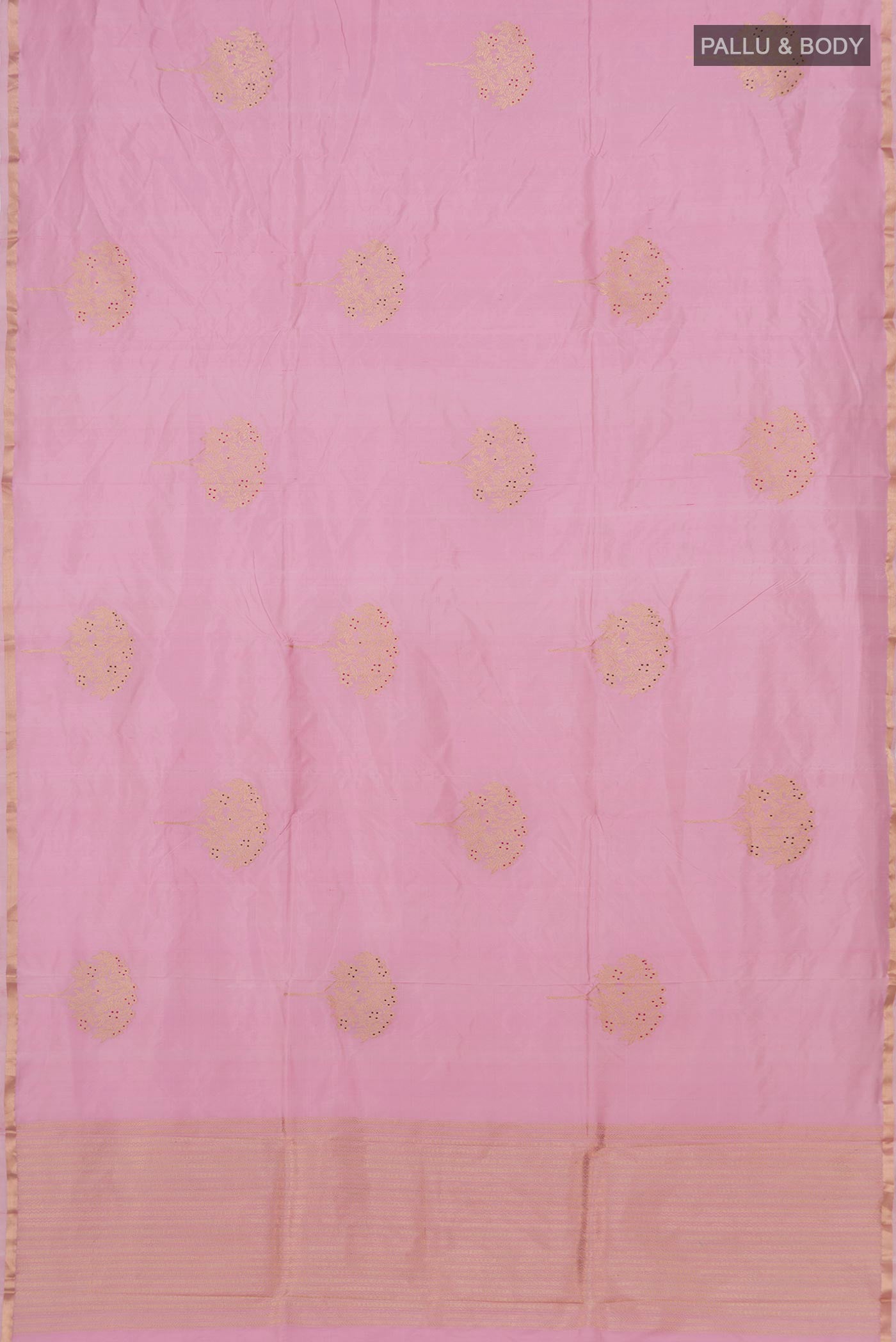 Flat view of Rose pink Banarasi Katan Silk Saree with Zari Butta on the body and Zari Border. 