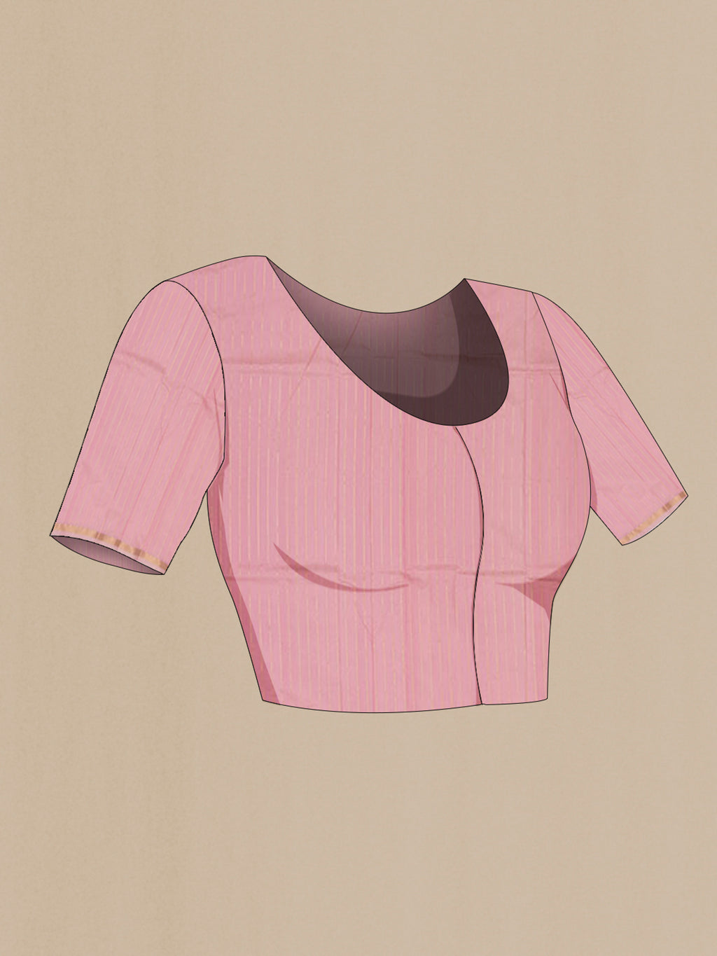 Close up image of the blouse of Pink Banarasi Katan Silk Saree with Zari Butta on the body and Thin Zari Line. 