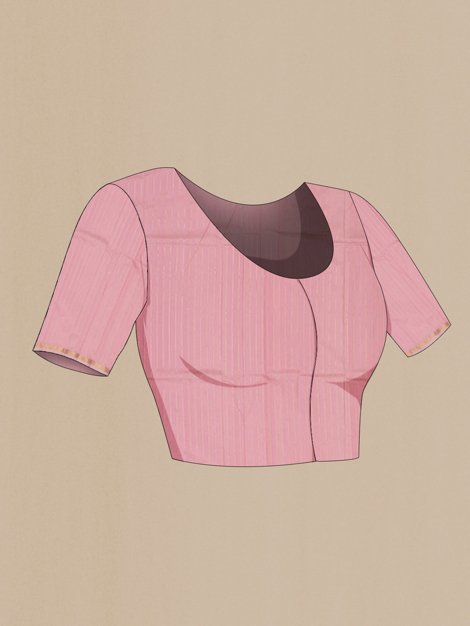 Close up image of the blouse of Pink Banarasi Katan Silk Saree with Zari Butta on the body and Thin Zari Line. 