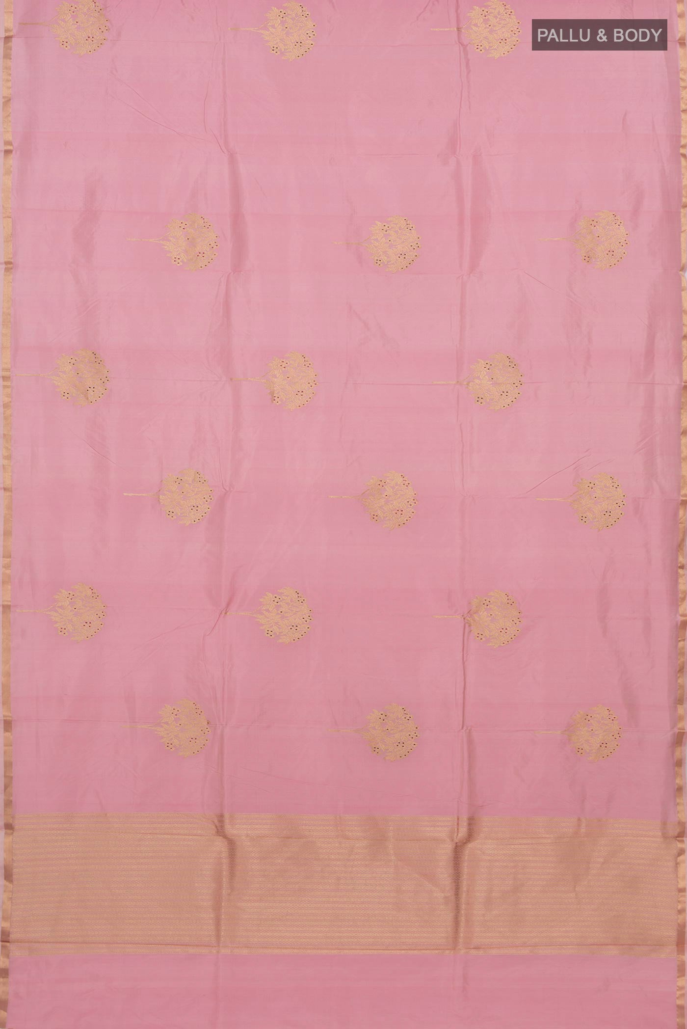 Flat view of Pink Banarasi Katan Silk Saree with Zari Butta on the body and Thin Zari Line. 