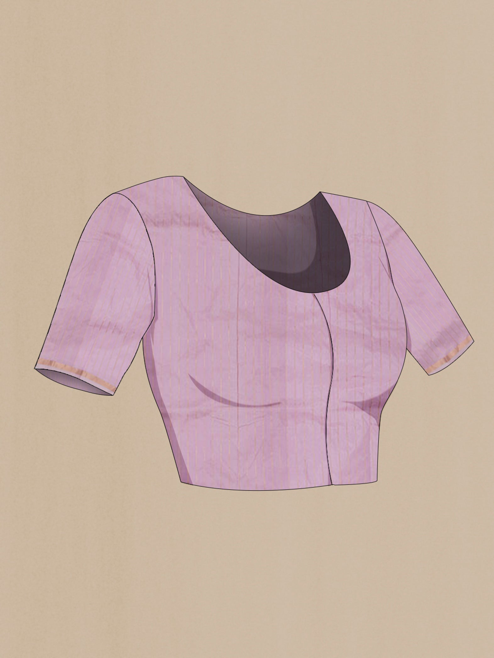 Close up image of the blouse of Lavender Banarasi Katan Silk Saree with Zari Butta on the body and Thin Zari Line. 