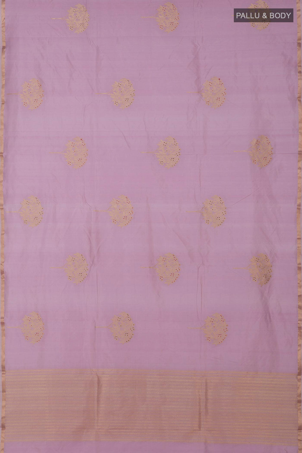 Flat view of Lavender Banarasi Katan Silk Saree with Zari Butta on the body and Thin Zari Line. 