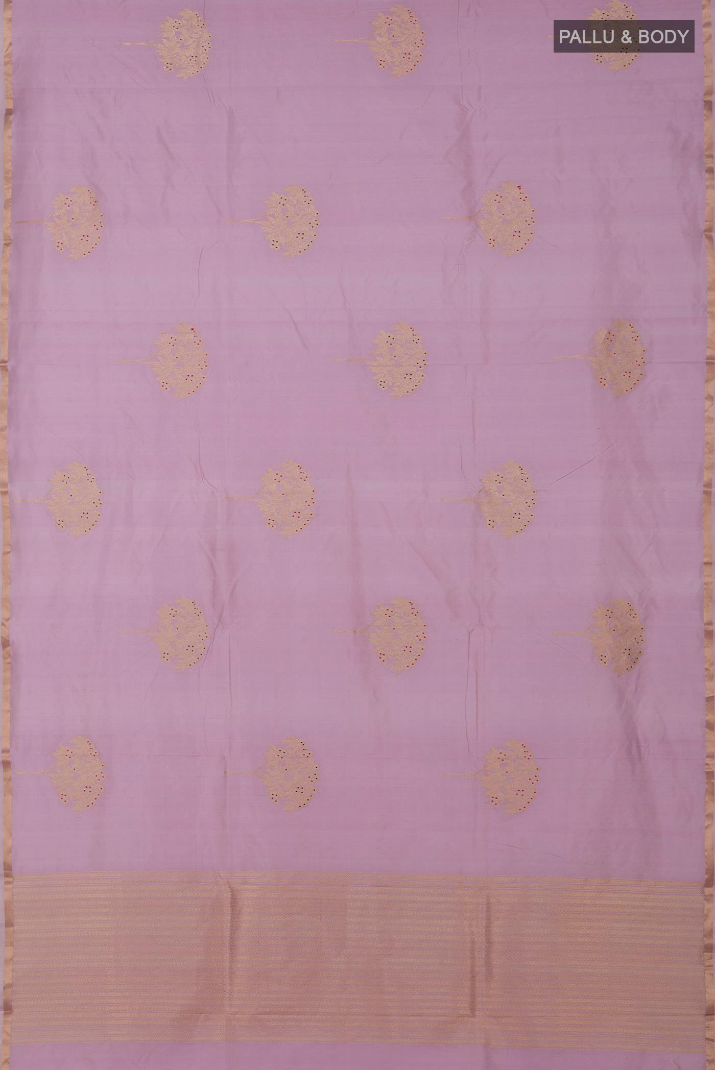 Flat view of Lavender Banarasi Katan Silk Saree with Zari Butta on the body and Thin Zari Line. 