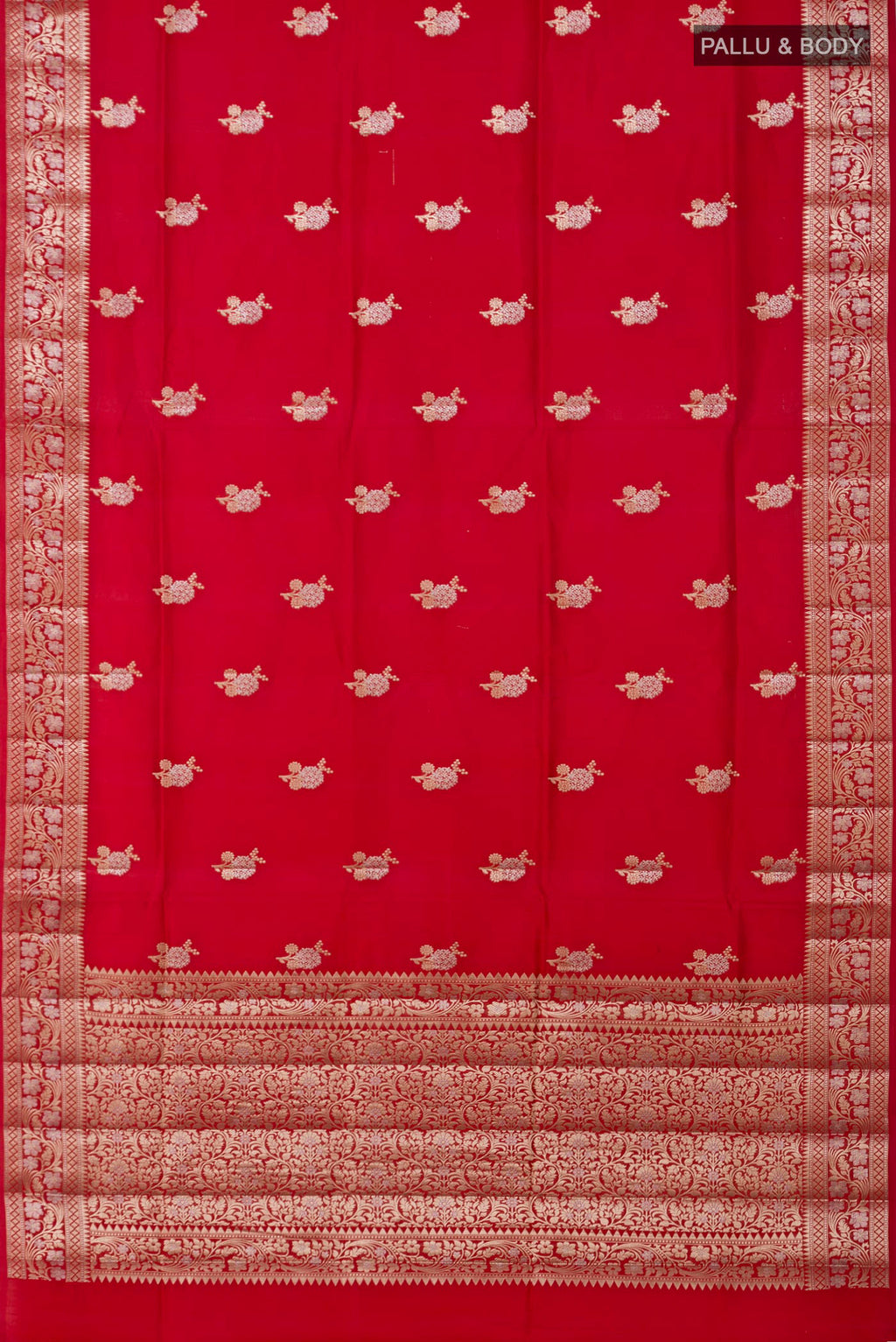 Flat view of Red Raw Silk Saree with Zari Butta on the body and Zari Border. 