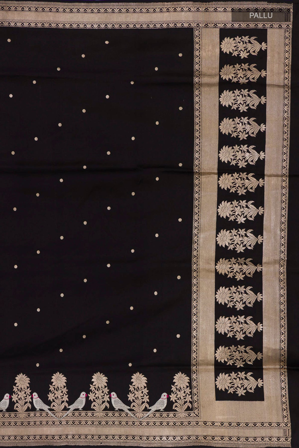 Close up image of the pallu of Pure Silk Black Banarasi Saree with Zari Butta on the body and Fancy Border. 