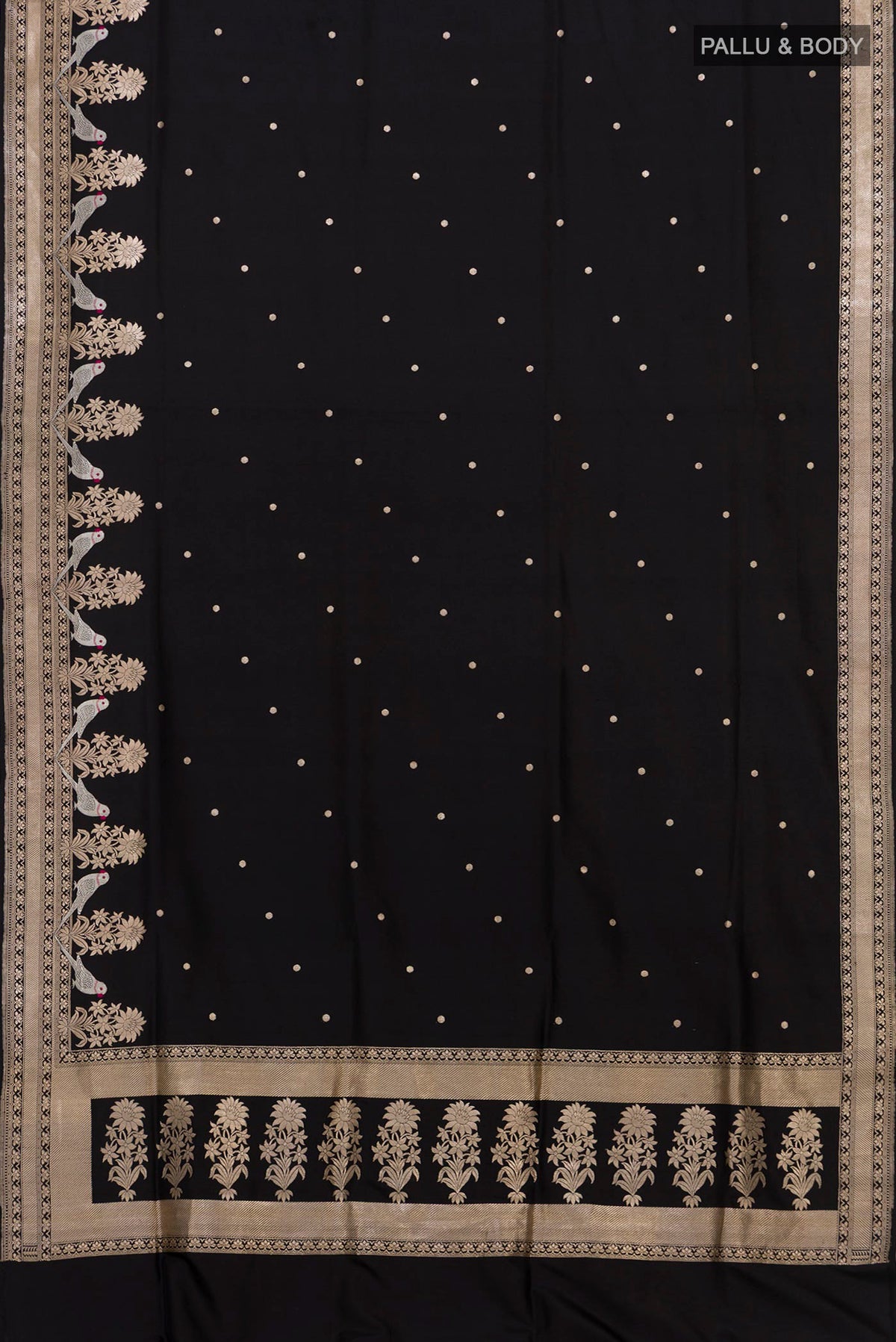 Flat view of Pure Silk Black Banarasi Saree with Zari Butta on the body and Fancy Border. 