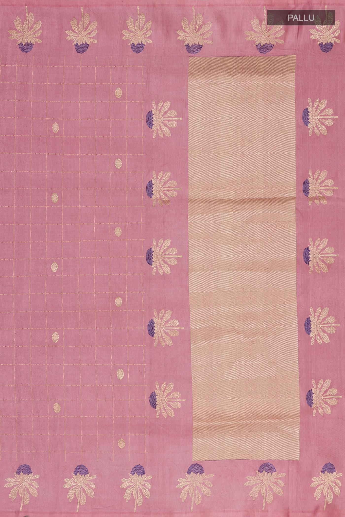 Close up image of the pallu of Pink Banarasi Saree with Checked design on the body and Fancy Border. 