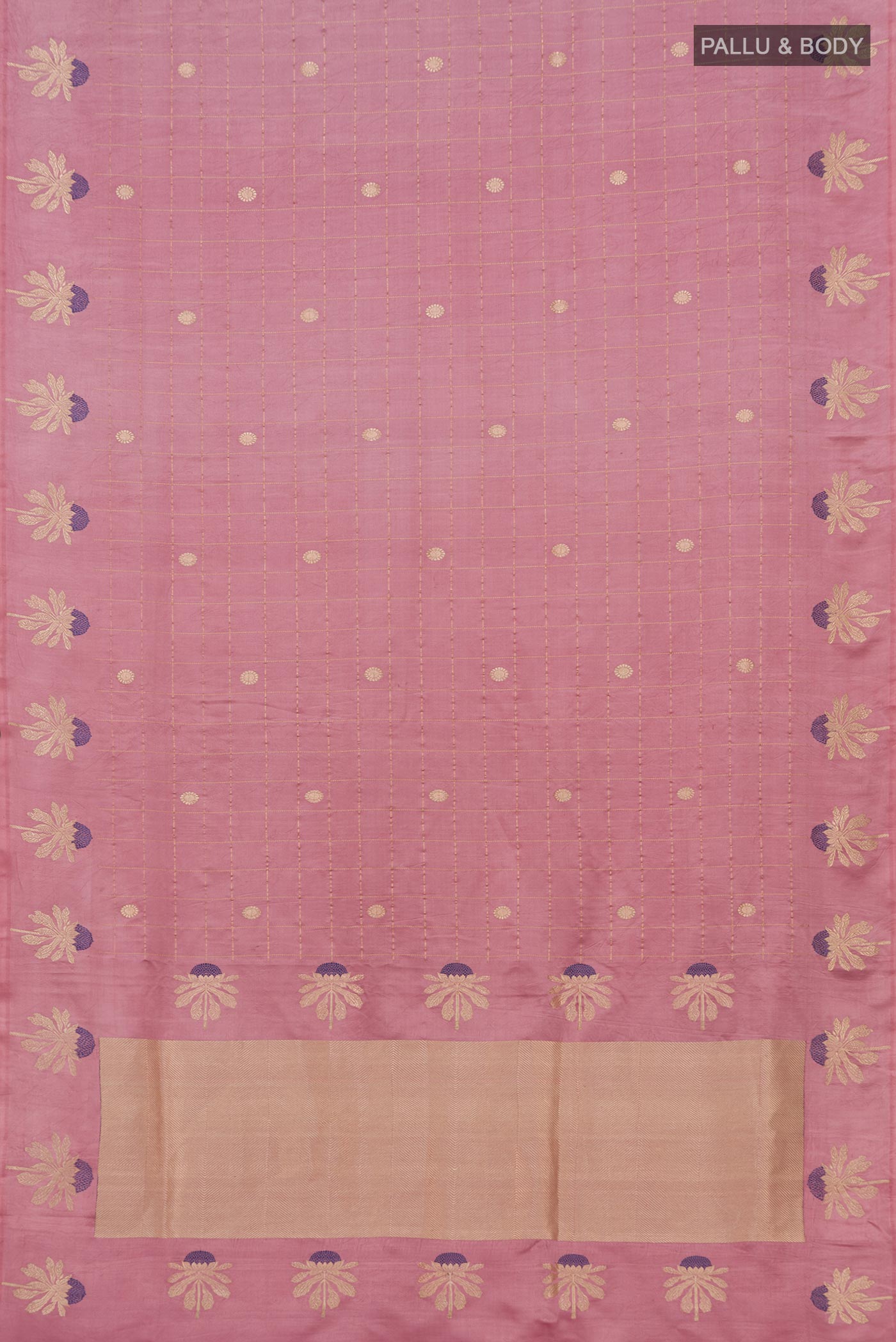 Flat view of Pink Banarasi Saree with Checked design on the body and Fancy Border. 
