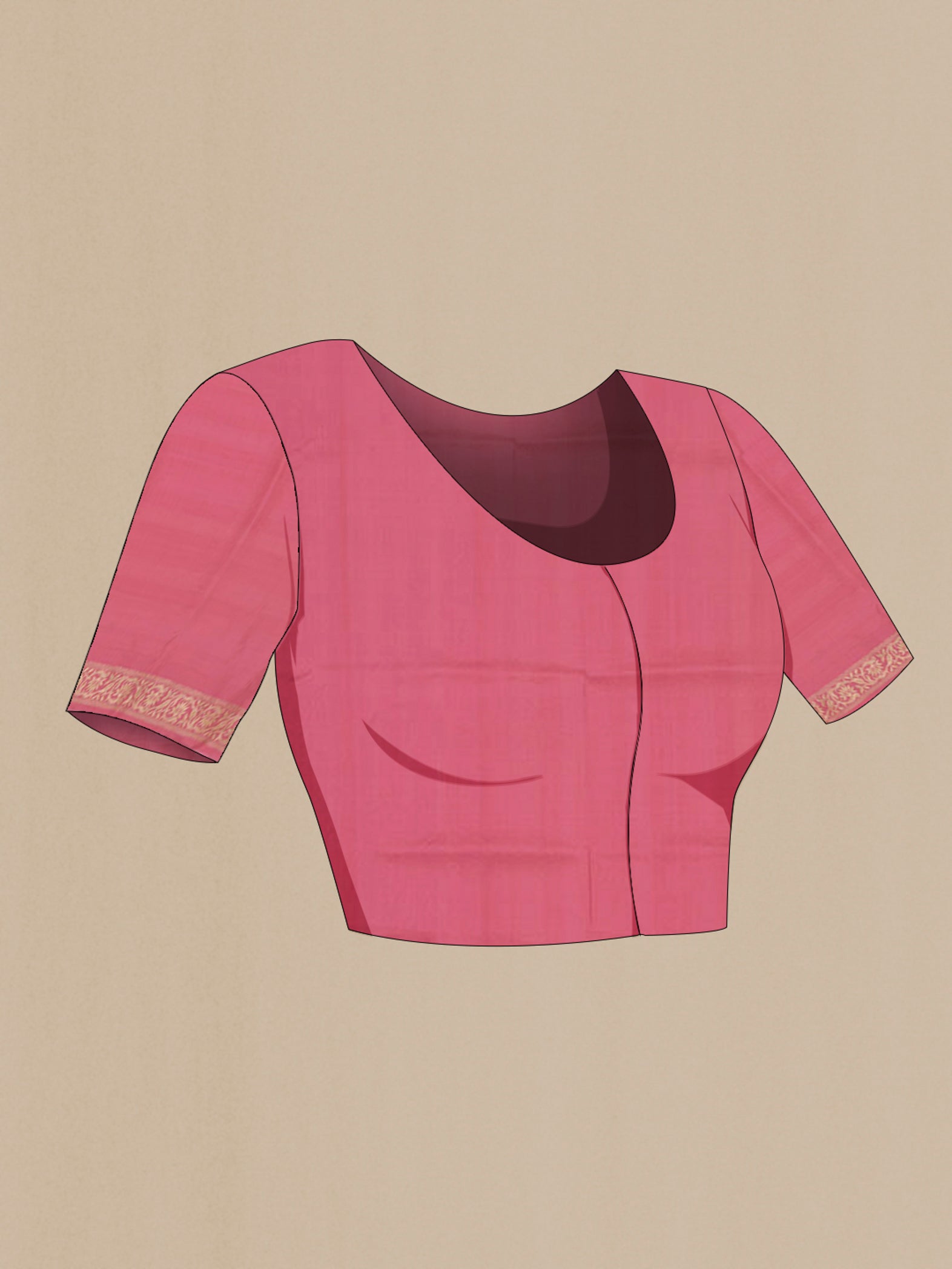 Close up image of the blouse of Pink Banarasi Saree with Fancy on the body and Zari Border. 