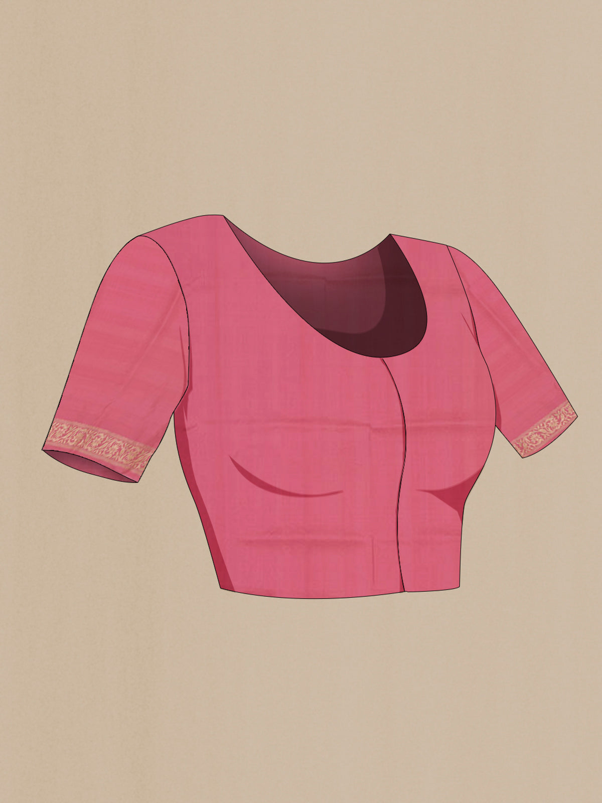 Close up image of the blouse of Pink Banarasi Saree with Fancy on the body and Zari Border. 