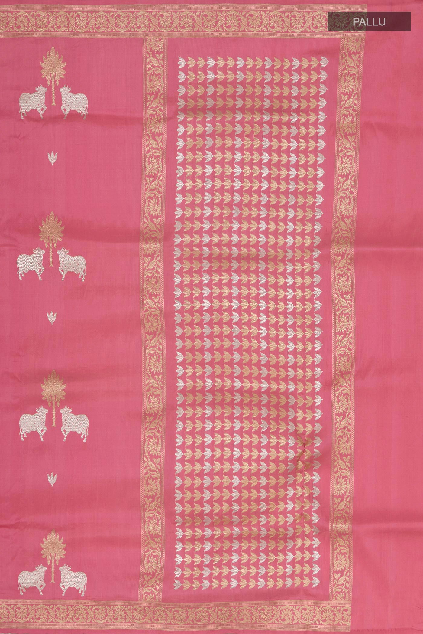 Close up image of the pallu of Pink Banarasi Saree with Fancy on the body and Zari Border. 