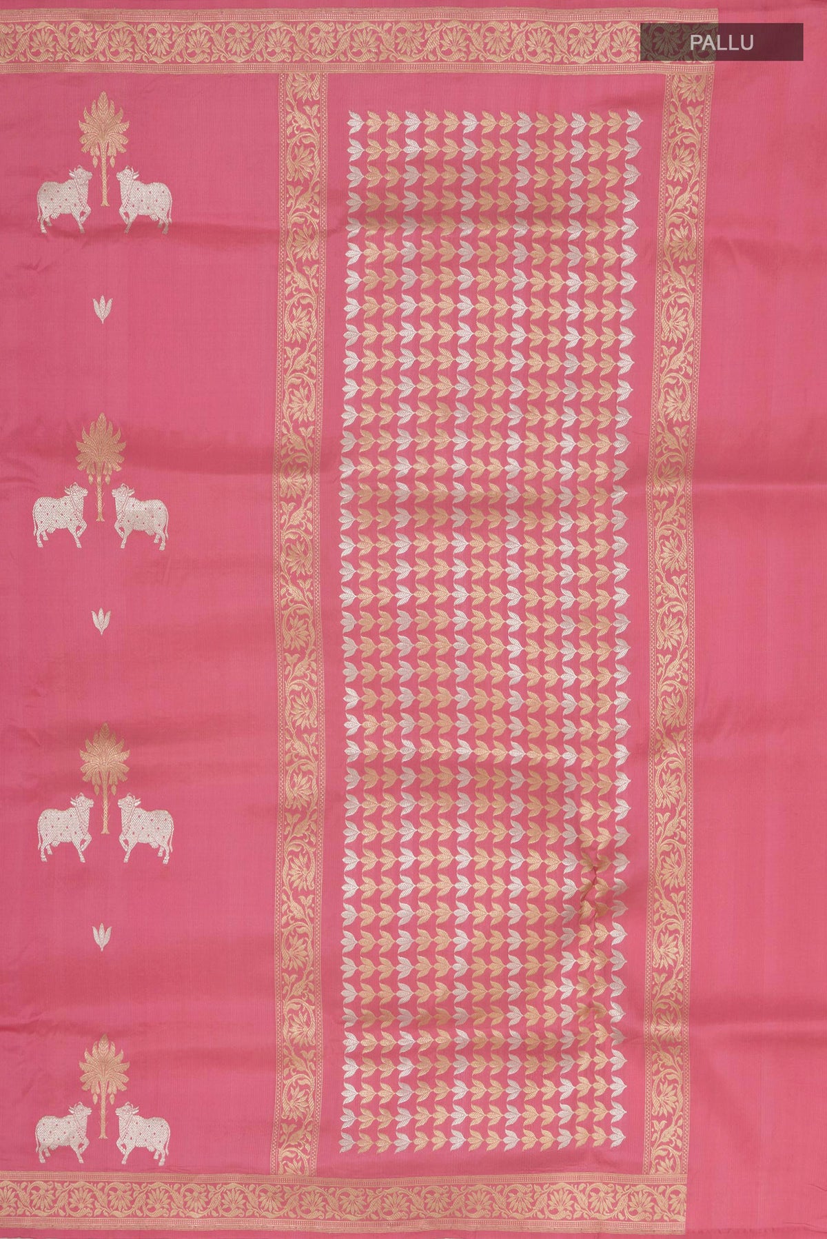 Close up image of the pallu of Pink Banarasi Saree with Fancy on the body and Zari Border. 