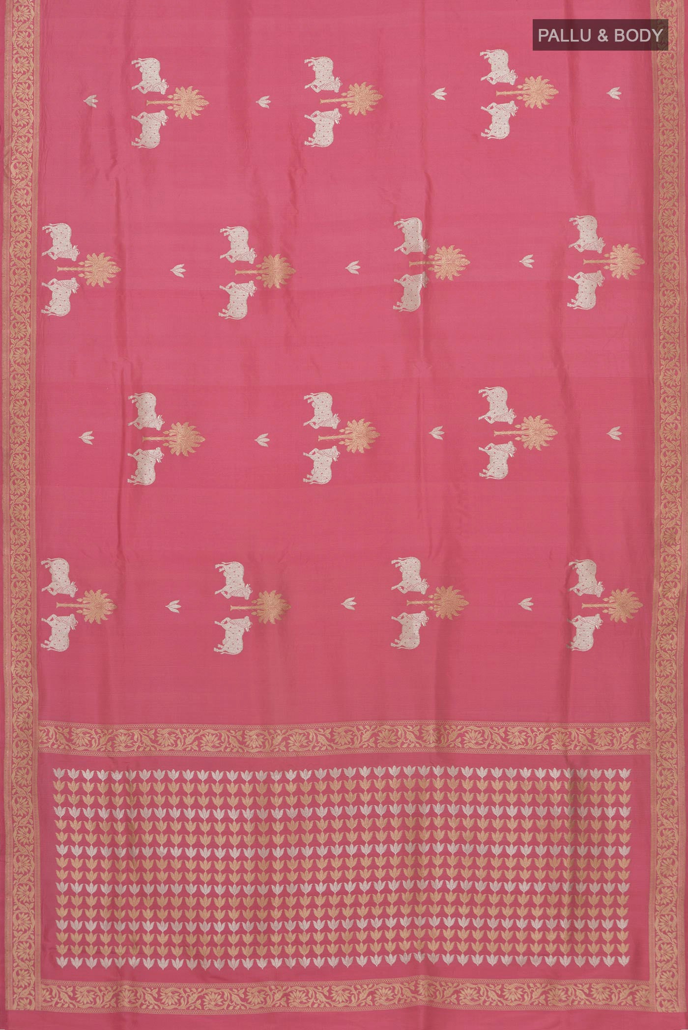 Flat view of Pink Banarasi Saree with Fancy on the body and Zari Border. 