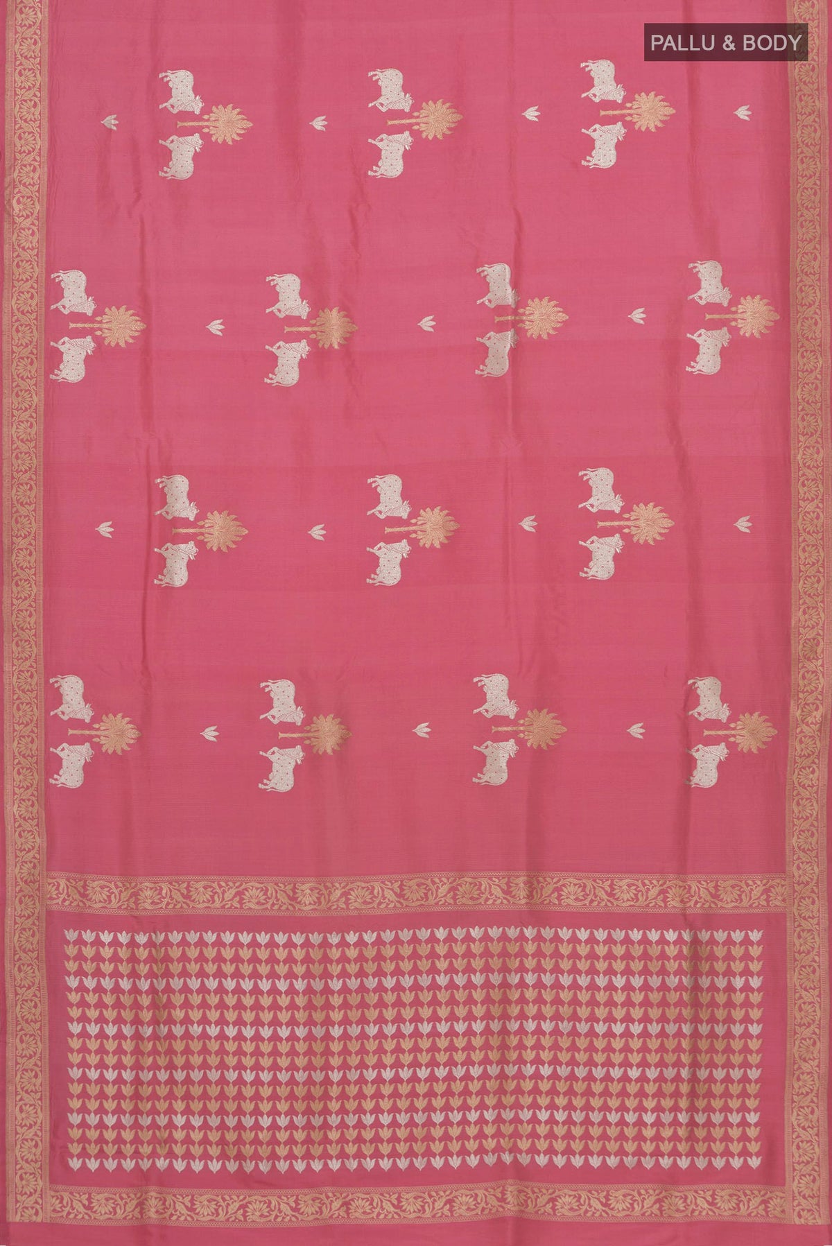 Flat view of Pink Banarasi Saree with Fancy on the body and Zari Border. 