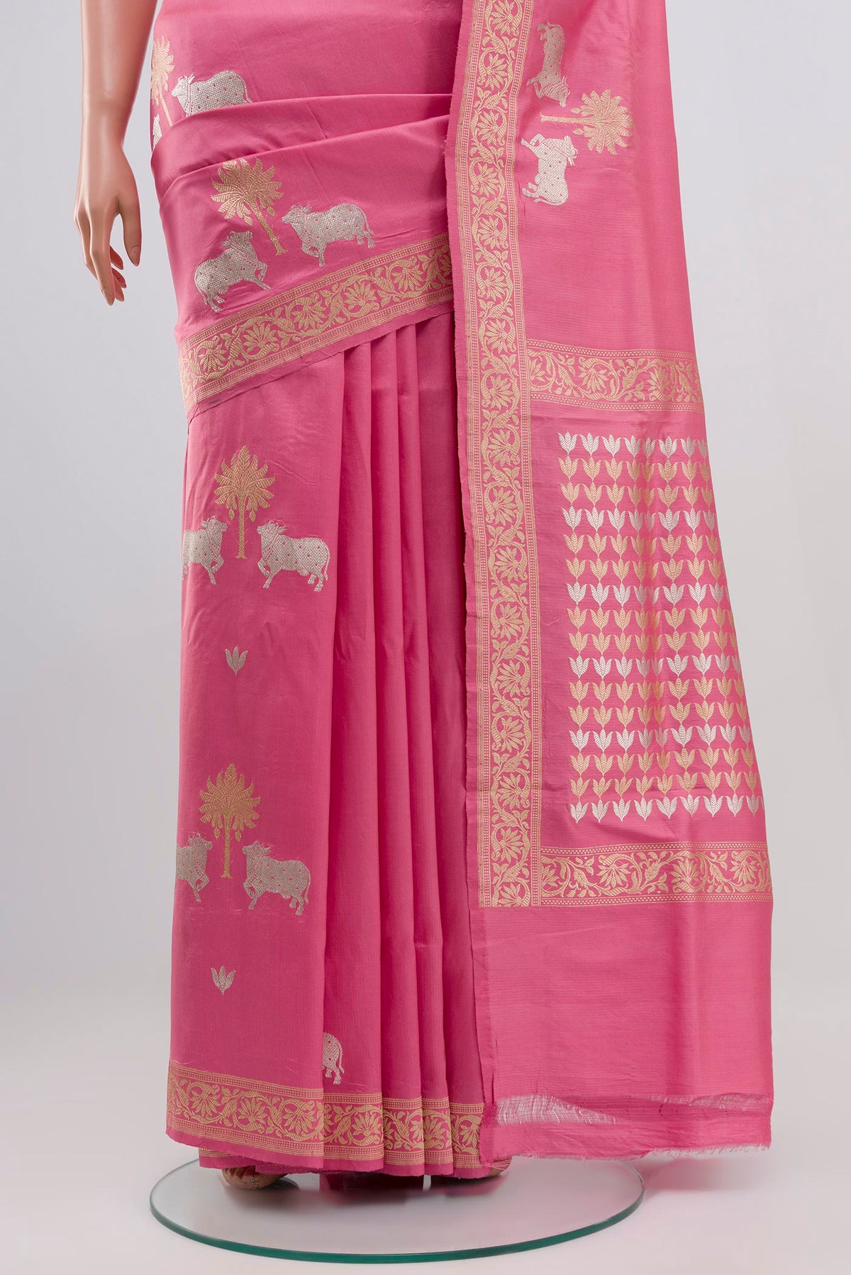 Pleats and pallu of Pink Banarasi Saree with Fancy on the body and Zari Border. 