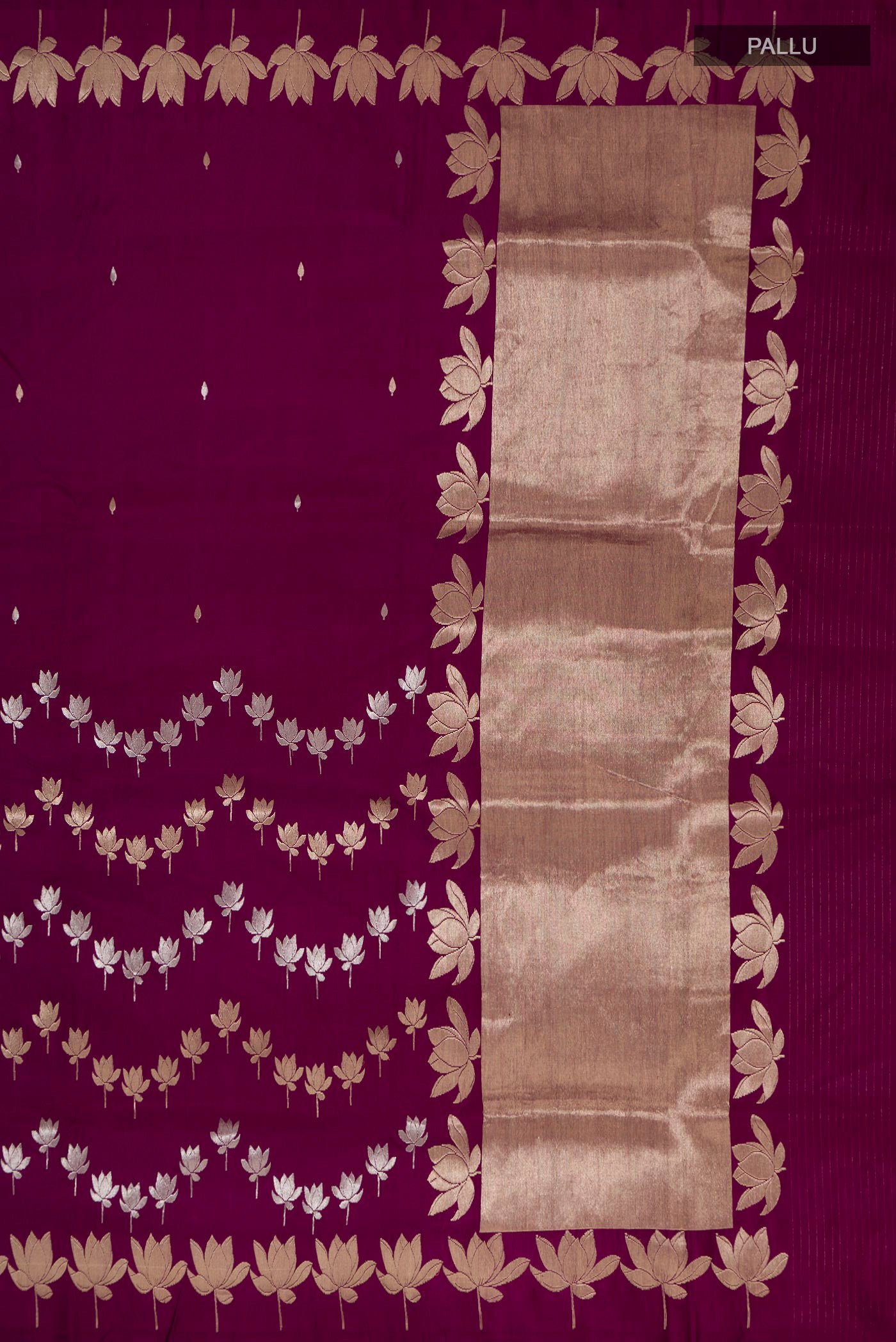 Close up image of the pallu of Purple Banarasi Silk Saree with Zari Butta on the body and Fancy Border. 