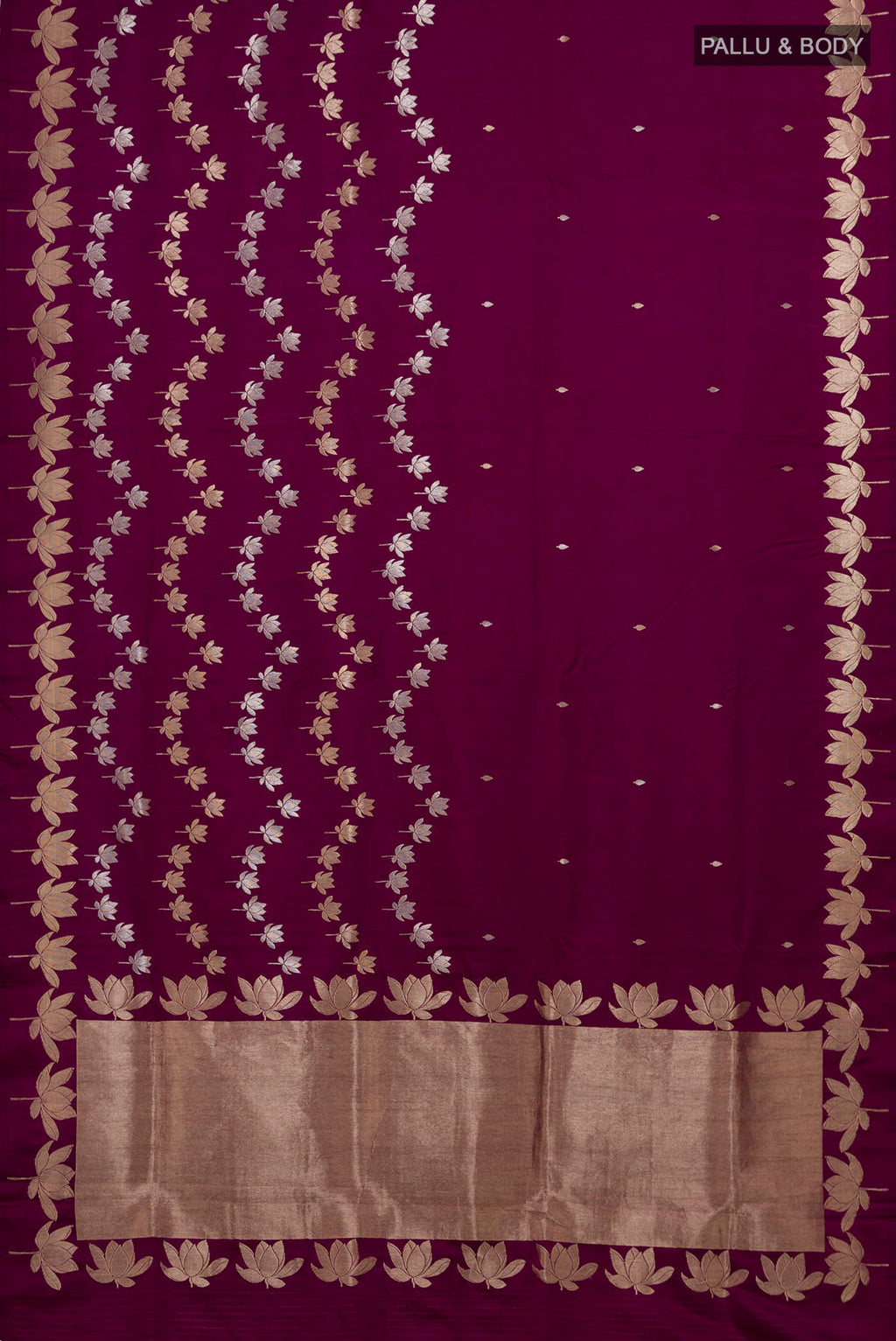Flat view of Purple Banarasi Silk Saree with Zari Butta on the body and Fancy Border. 