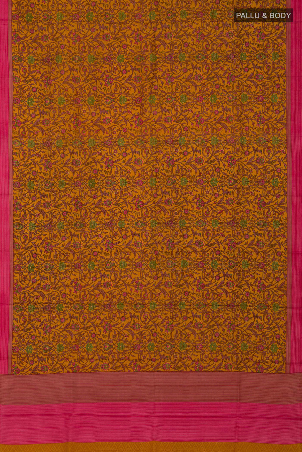 Flat view of Yellow Printed Silk Saree with Printed design on the body and Plain Border. 