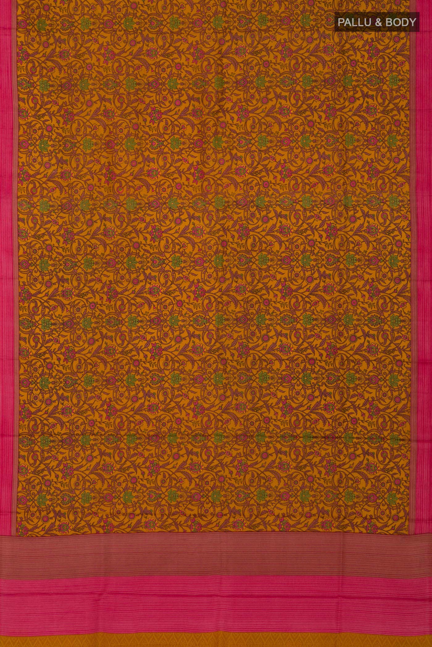 Flat view of Yellow Printed Silk Saree with Printed design on the body and Plain Border. 
