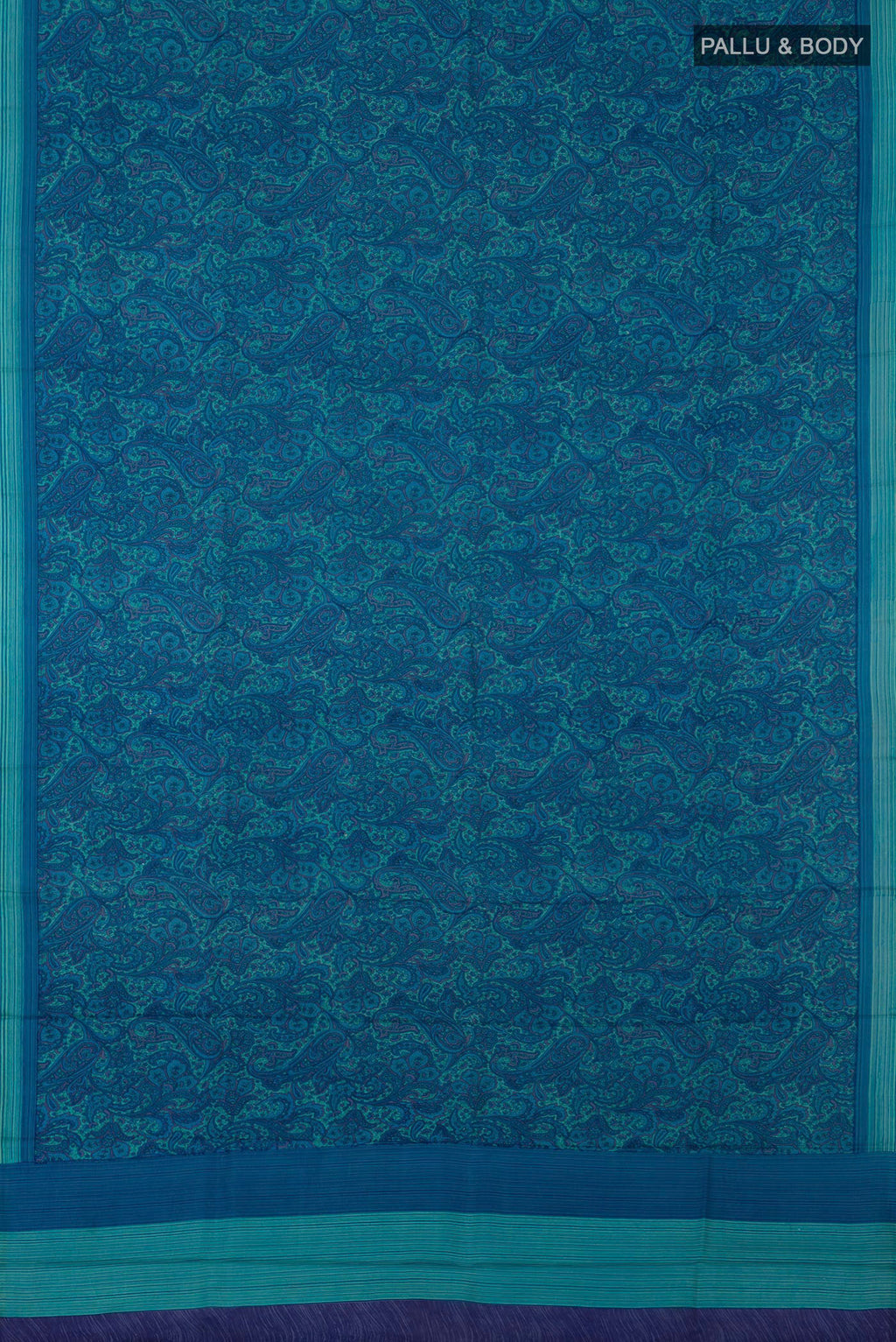 Flat view of Blue Printed Silk Saree with Printed design on the body and Plain Border. 