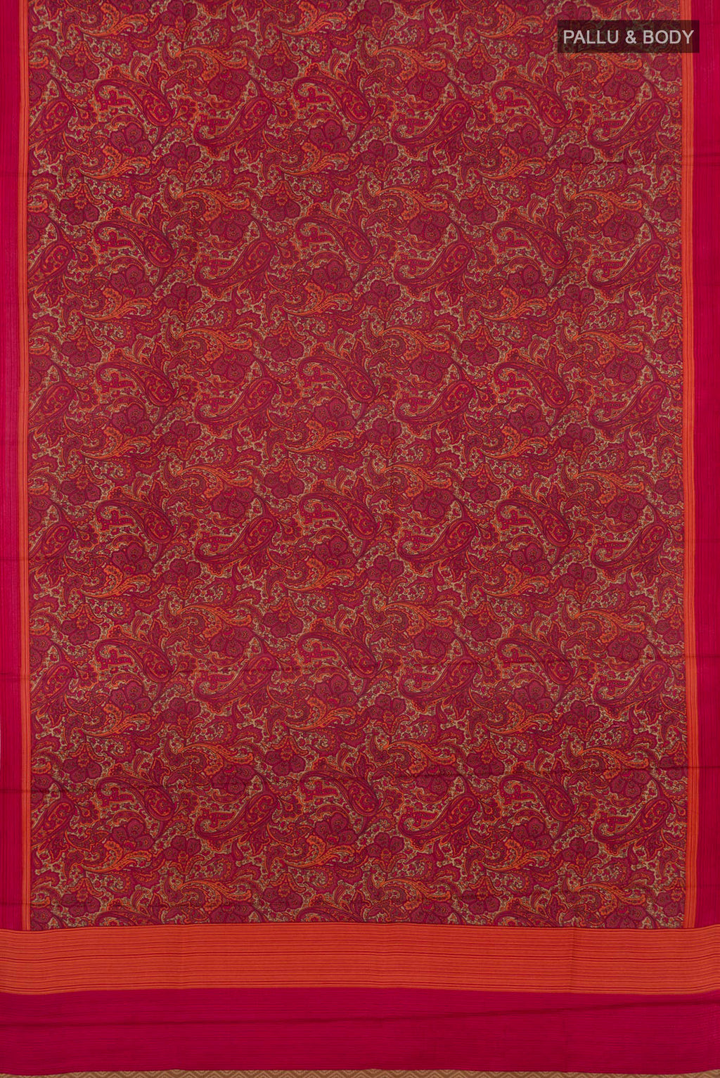 Flat view of Red Printed Silk Saree with Printed design on the body and Plain Border. 