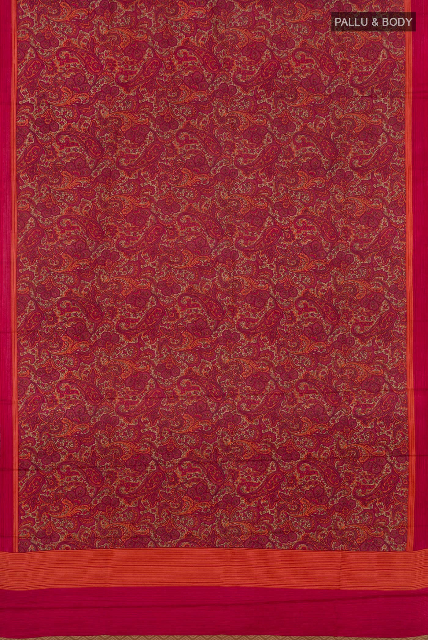 Flat view of Red Printed Silk Saree with Printed design on the body and Plain Border. 