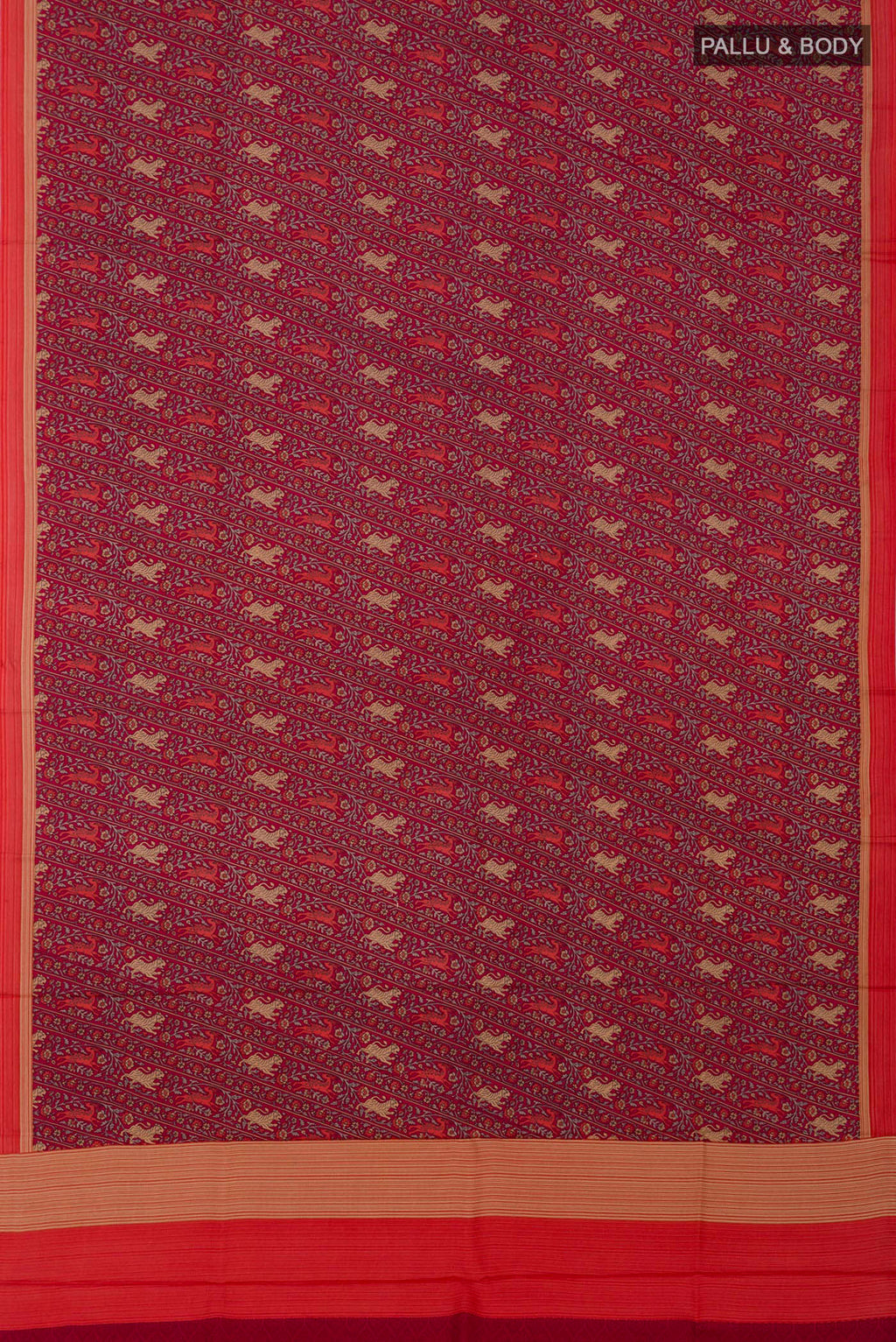 Flat view of Red Printed Silk Saree with Printed design on the body and Plain Border. 